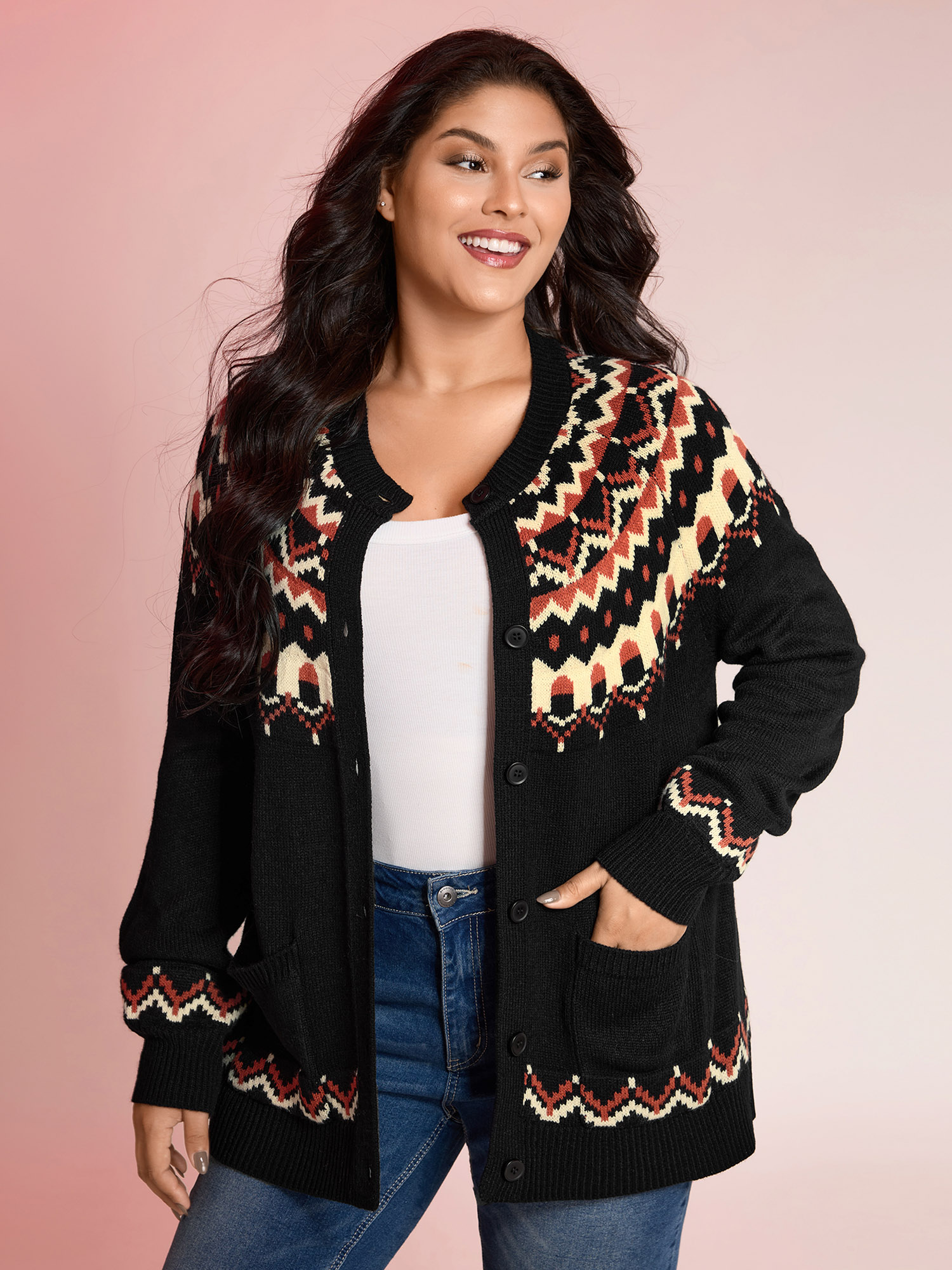 BloomChic Women's Plus Size Fair Isle Halloween Print Pockets Knit Cardigan Black Long Sleeve 10/M
