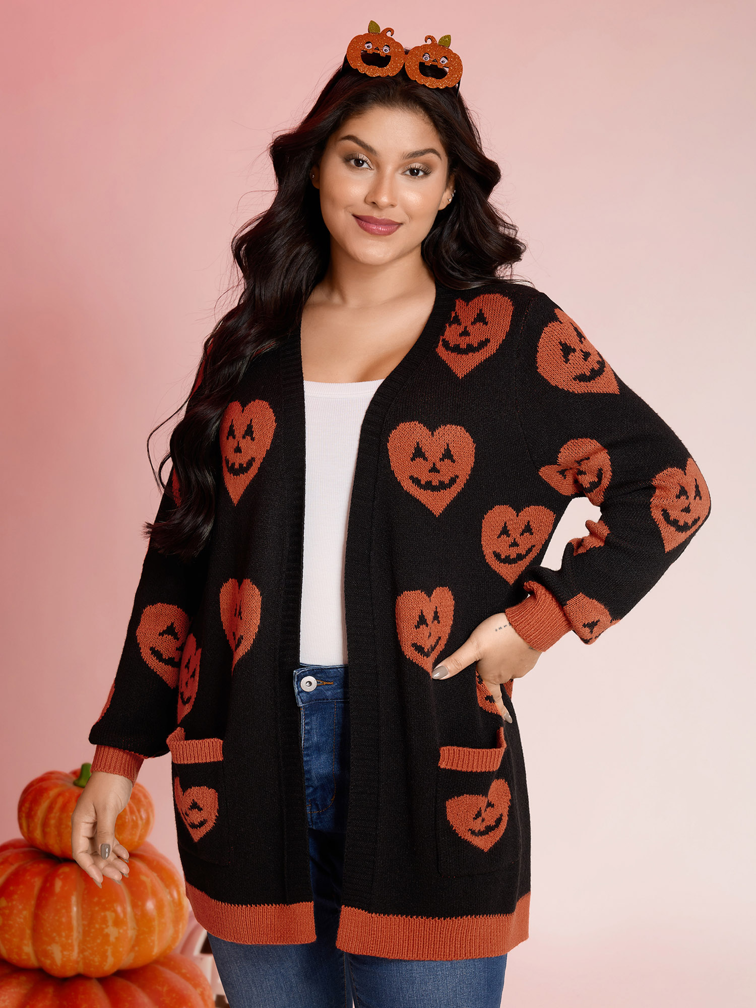 BloomChic Women's Plus Size Pumpkin Hearts Halloween Pockets Cardigan Black Long Sleeve 14-16/1X