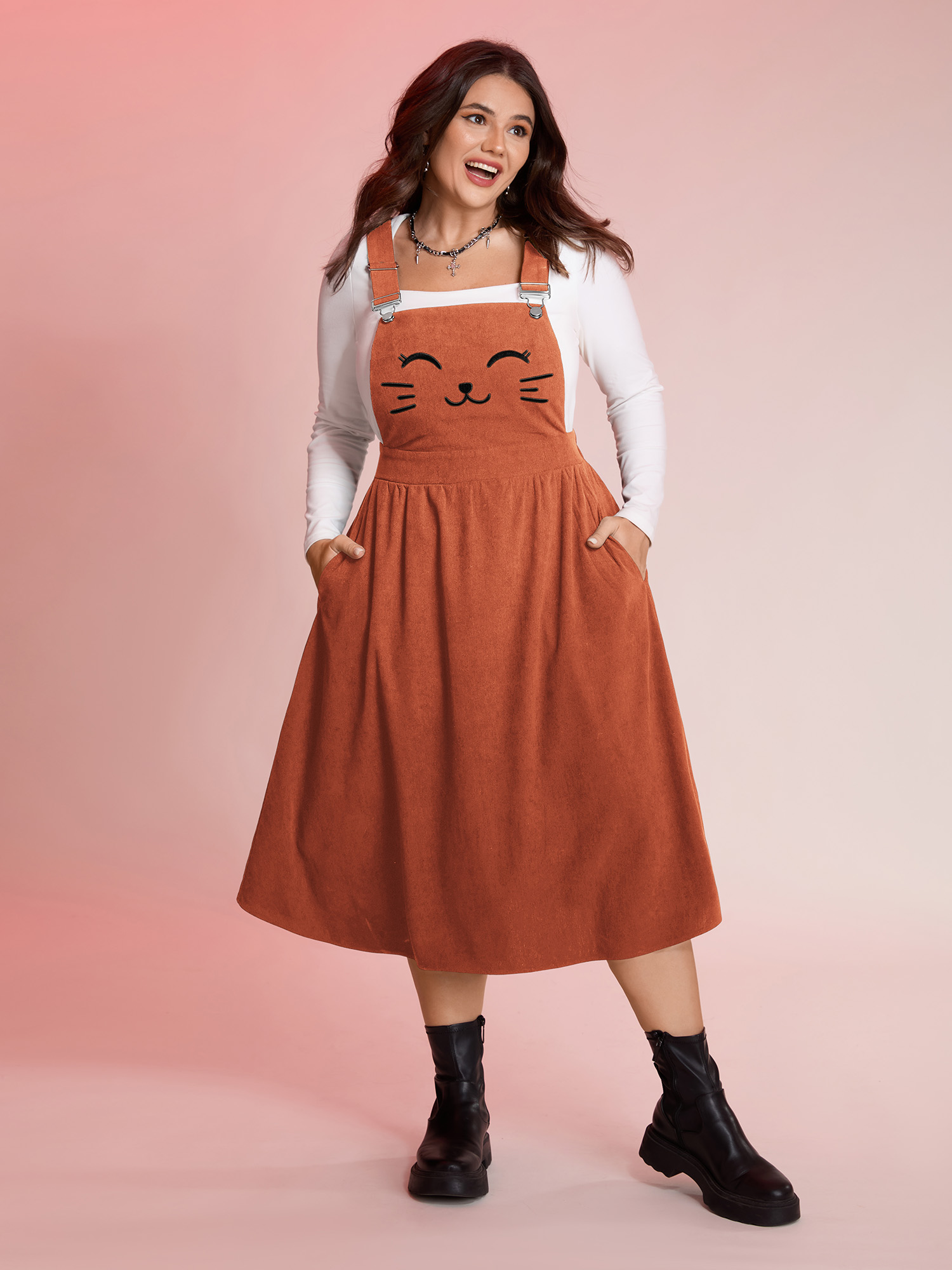 BloomChic Women's Plus Size Happy Cat Embroidery Overall Straps Midi Dress Rust Midi Everyday-Casual Embroidered 10/M