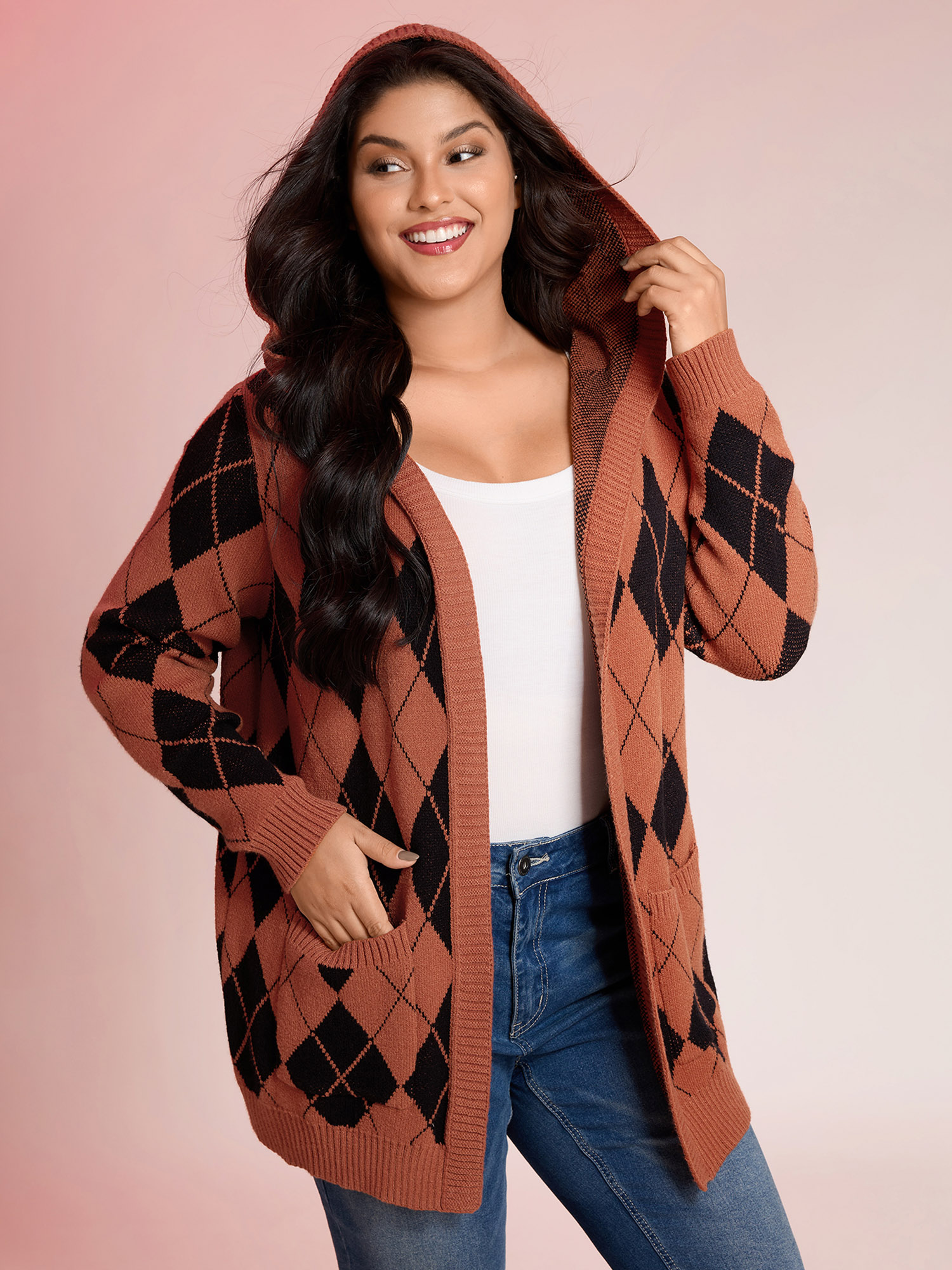 BloomChic Women's Plus Size Checkered Jacquard Hooded Pockets Knit Cardigan OrangeRed Long Sleeve 10/M