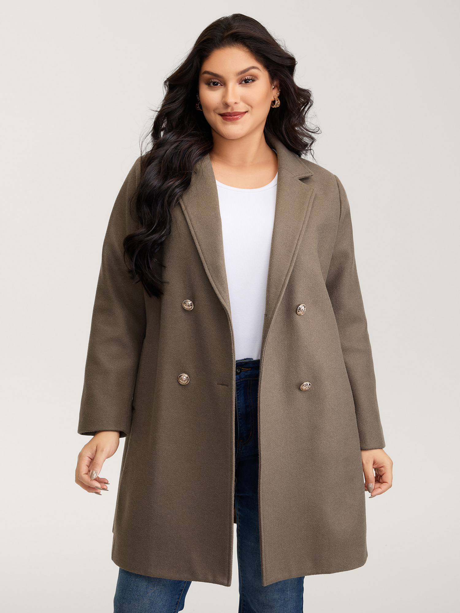 BloomChic Women's Plus Size Double-Breasted Pockets Notched Lapels Coat LightBrown Button A-line 10/M