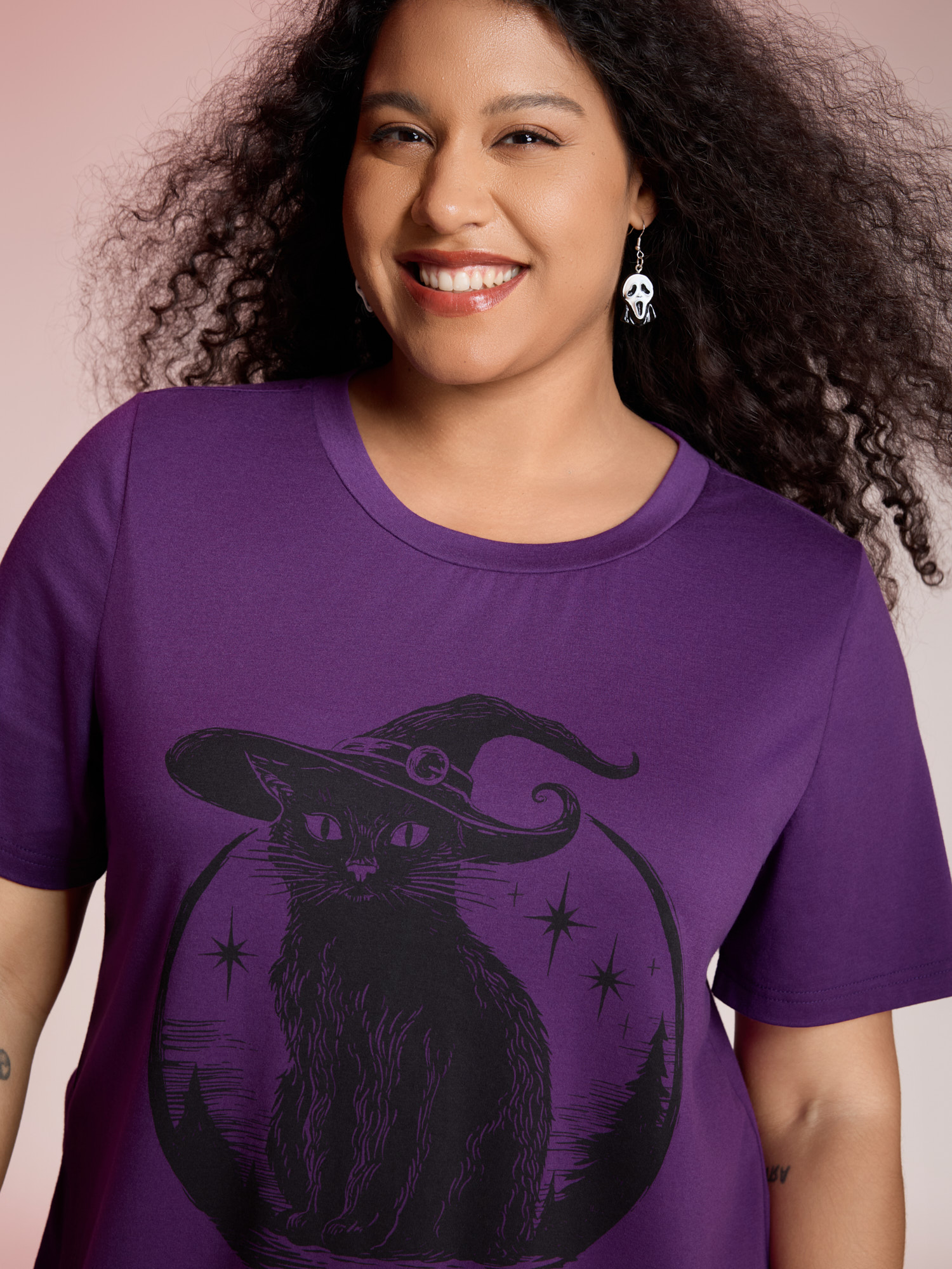 BloomChic Plus Size Bewitched Cat Printed Crew Neck T-shirt - Women's Deeppurplered Solid Round Neck Comfort Midsection Fit Long Sleeve Playful T-shirts 14/M