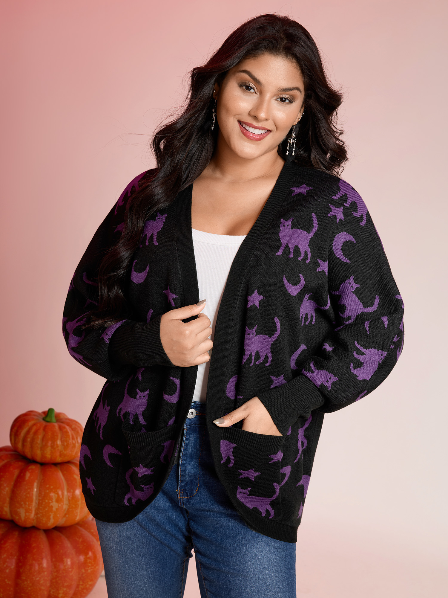 BloomChic Women's Plus Size Halloween Jacquard Print Pockets Knit Cardigan Black Long Sleeve 14-16/1X