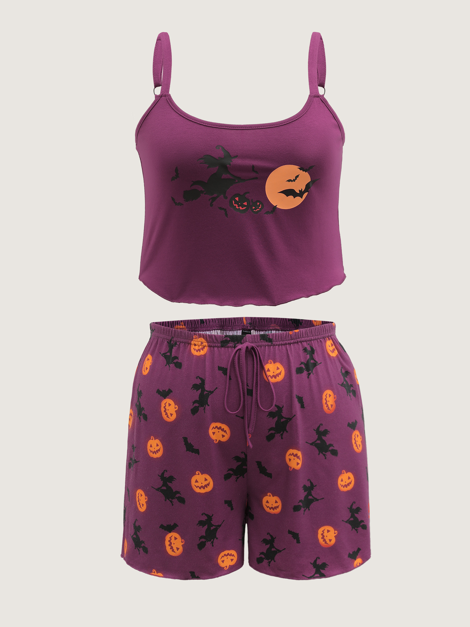 Side view of BloomChic Women's Plus Size Halloween Print Stretchy Waist Pajama Set Deeppurplered 10/M
