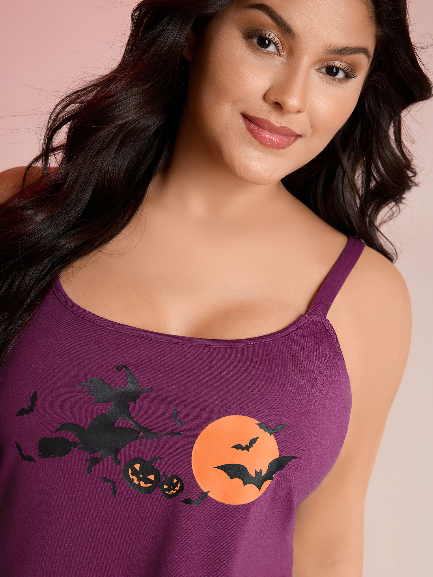 Side view of BloomChic Women's Plus Size Halloween Print Stretchy Waist Pajama Set Deeppurplered 10/M