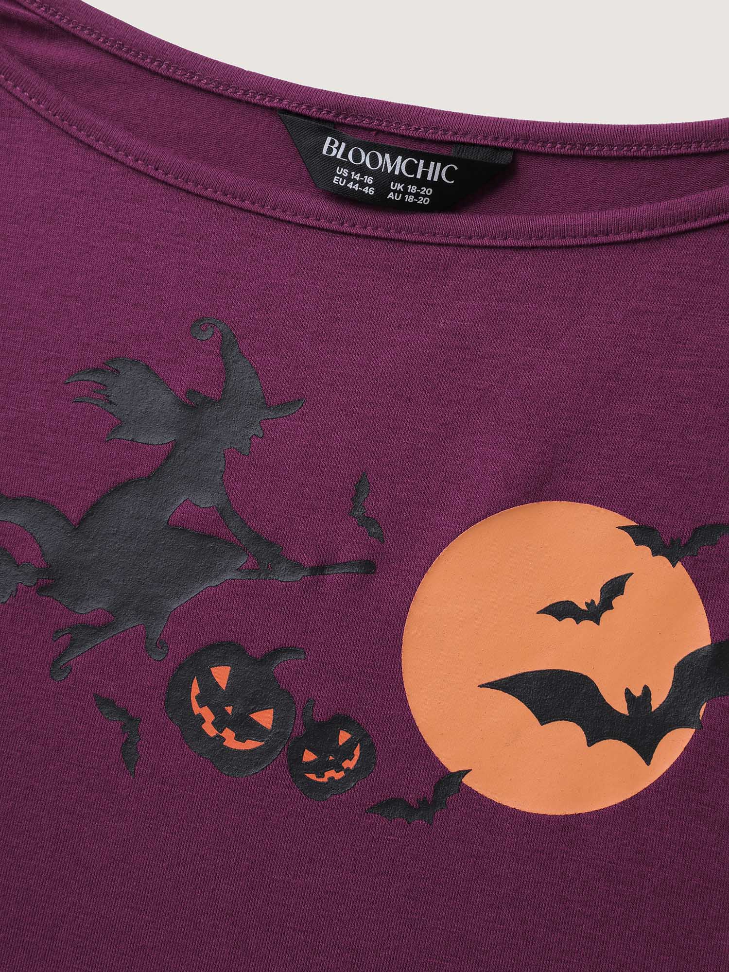 Side view of BloomChic Women's Plus Size Halloween Print Stretchy Waist Pajama Set Deeppurplered 10/M