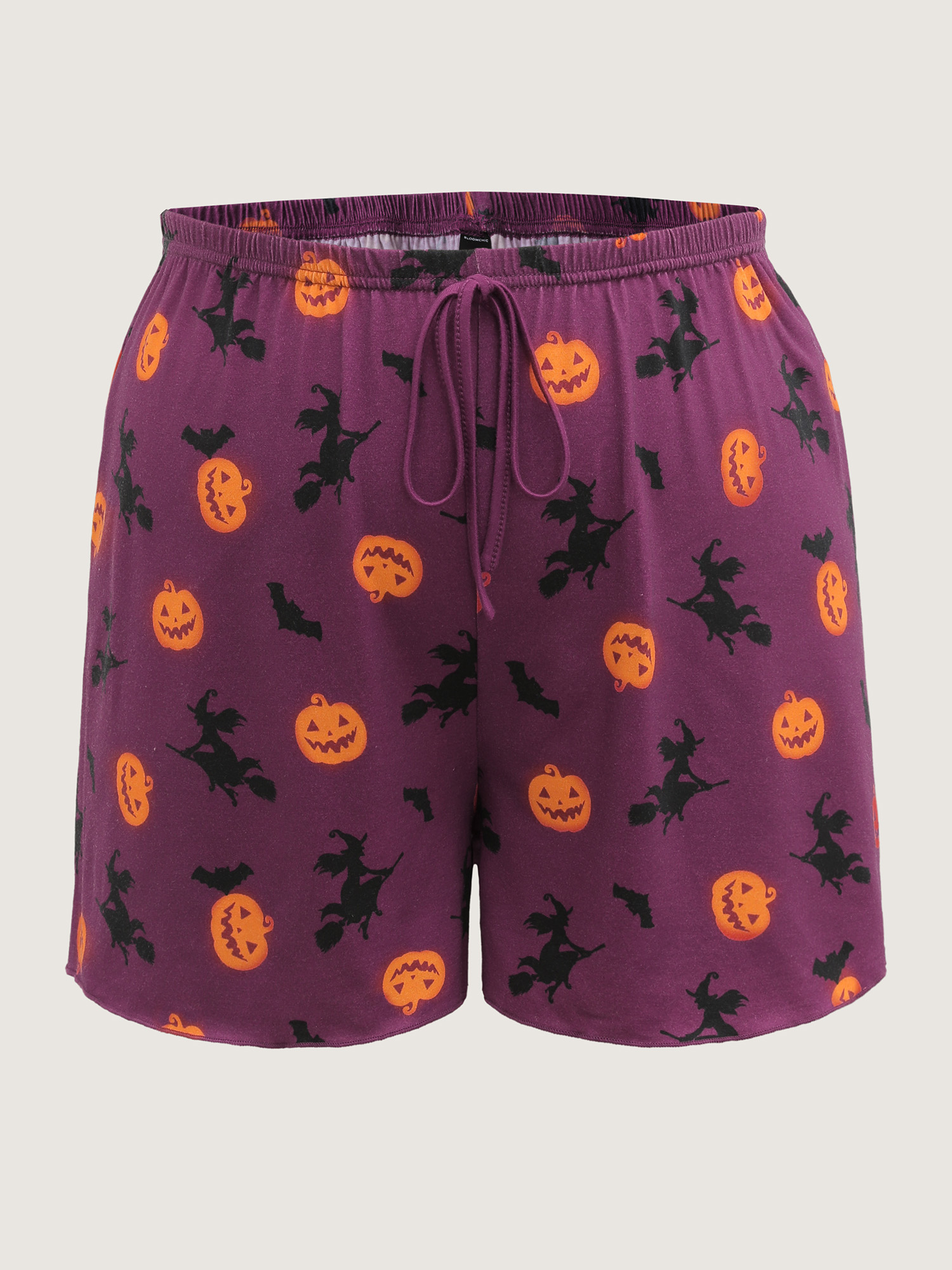 Side view of BloomChic Women's Plus Size Halloween Print Stretchy Waist Pajama Set Deeppurplered 10/M