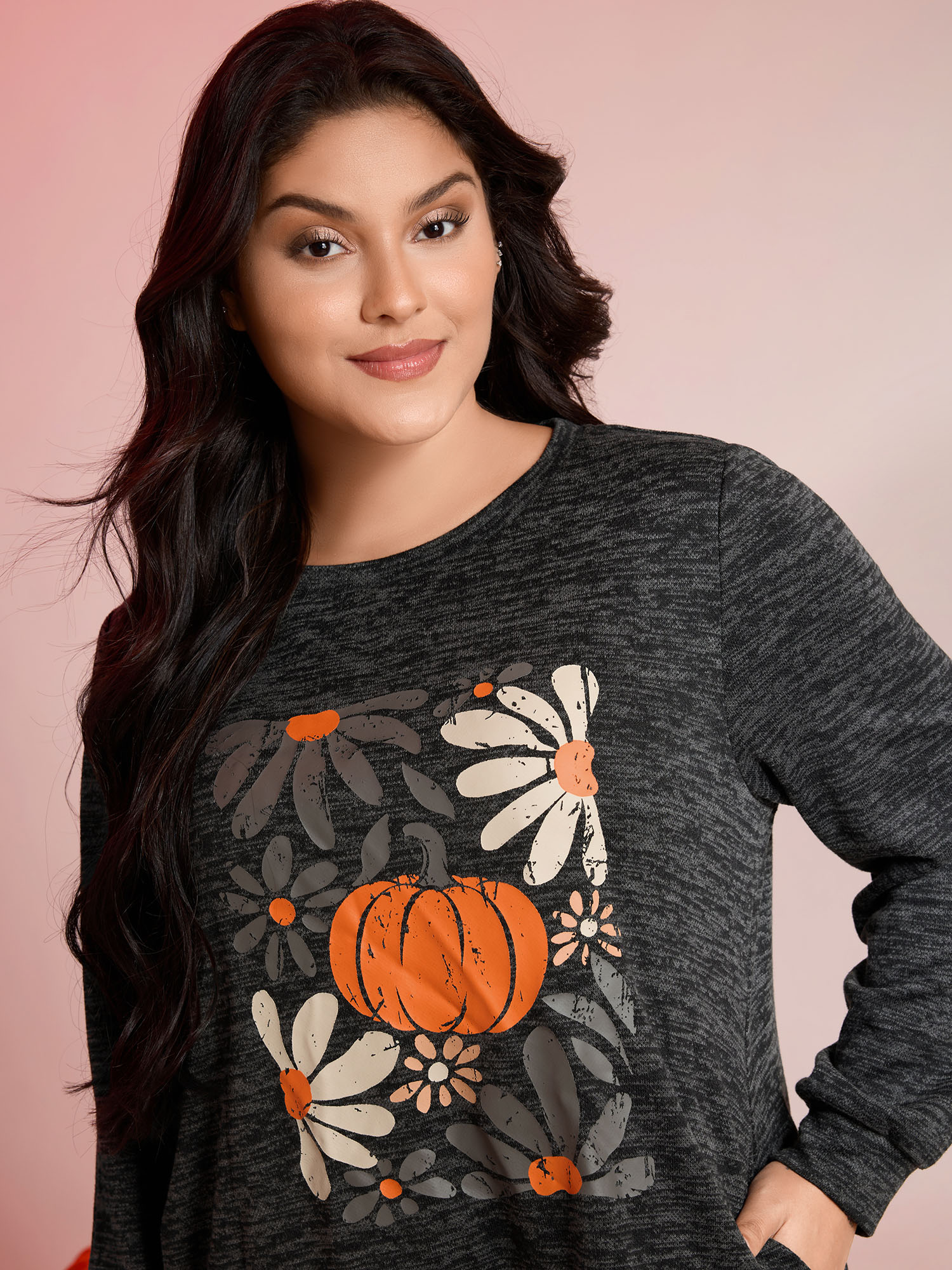 BloomChic Women's Plus Size Halloween Pumpkin Floral Pockets Tunic Top DimGray Graphic-Halloween Everyday-Casual 10/M
