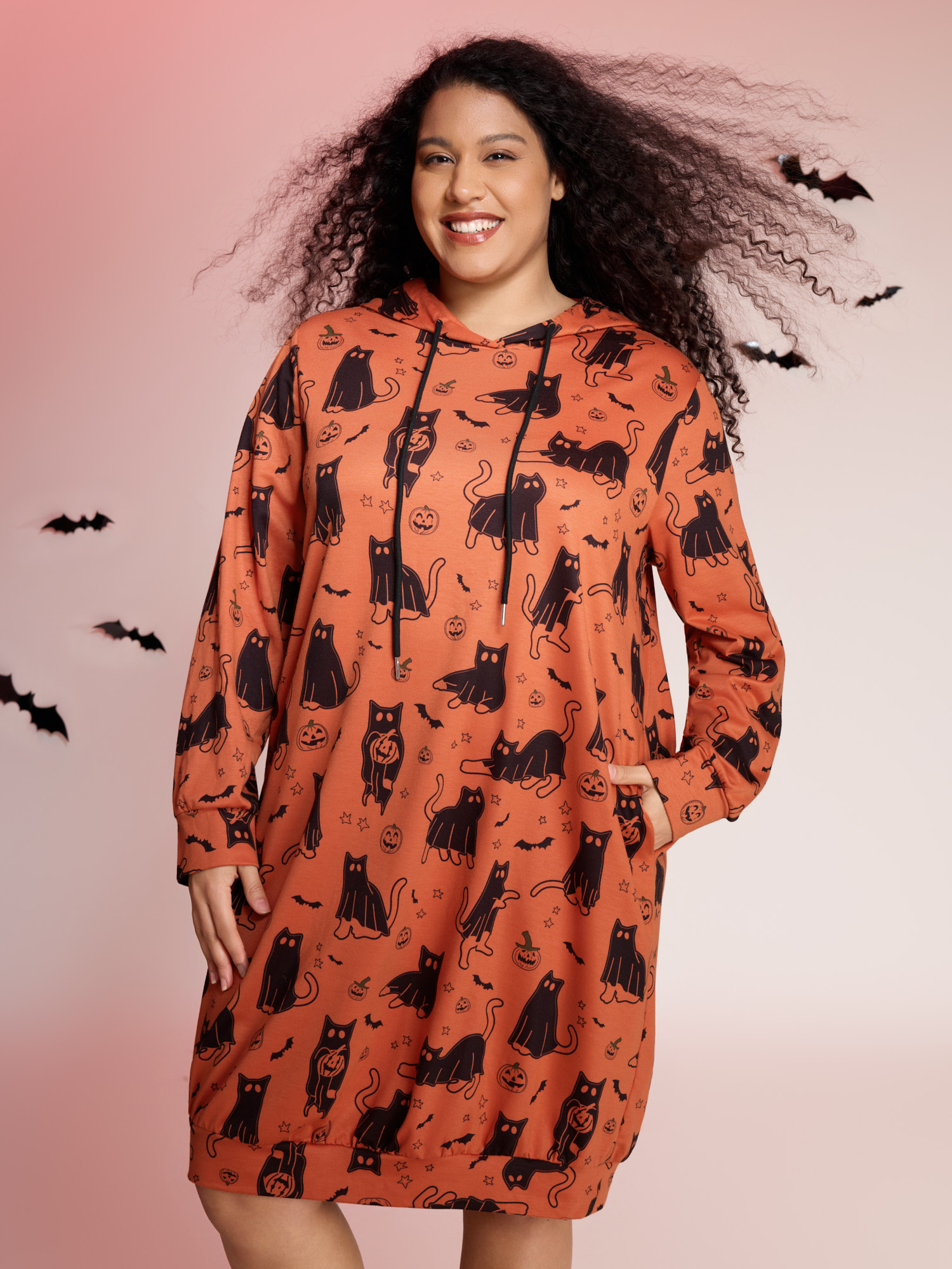 BloomChic Plus Size Pumpkin Cat Print Hooded Midi Lounge Dress - Women's Supersoft Sleep Dress Brightorange Long Sleeve Non Side seam pocket Comfort Sleeve Fit O-line Lounge Dresses 14/M