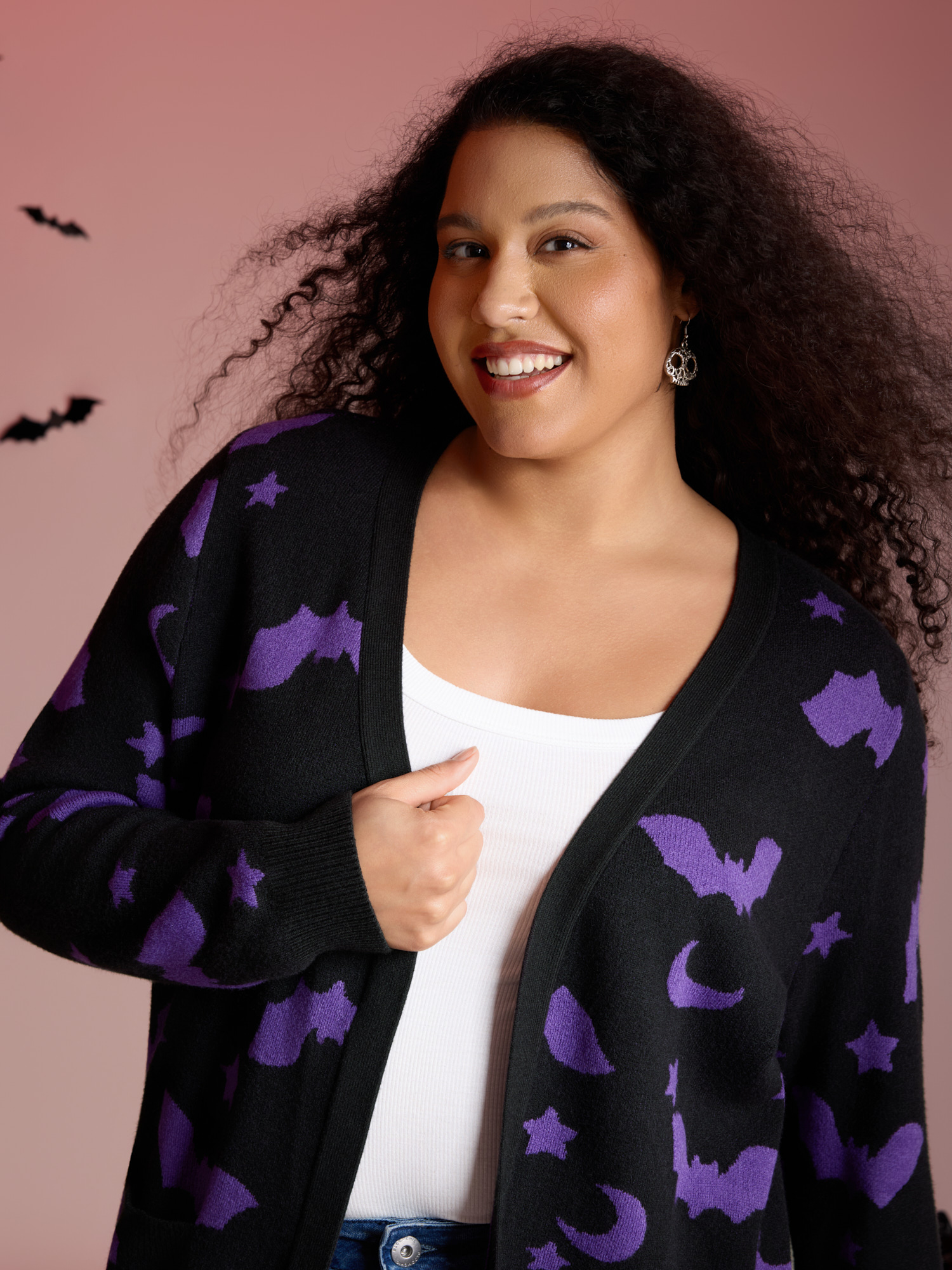 BloomChic Women's Plus Size Bat Printed Jacquard Cardigan Black Long Sleeve 28/5X