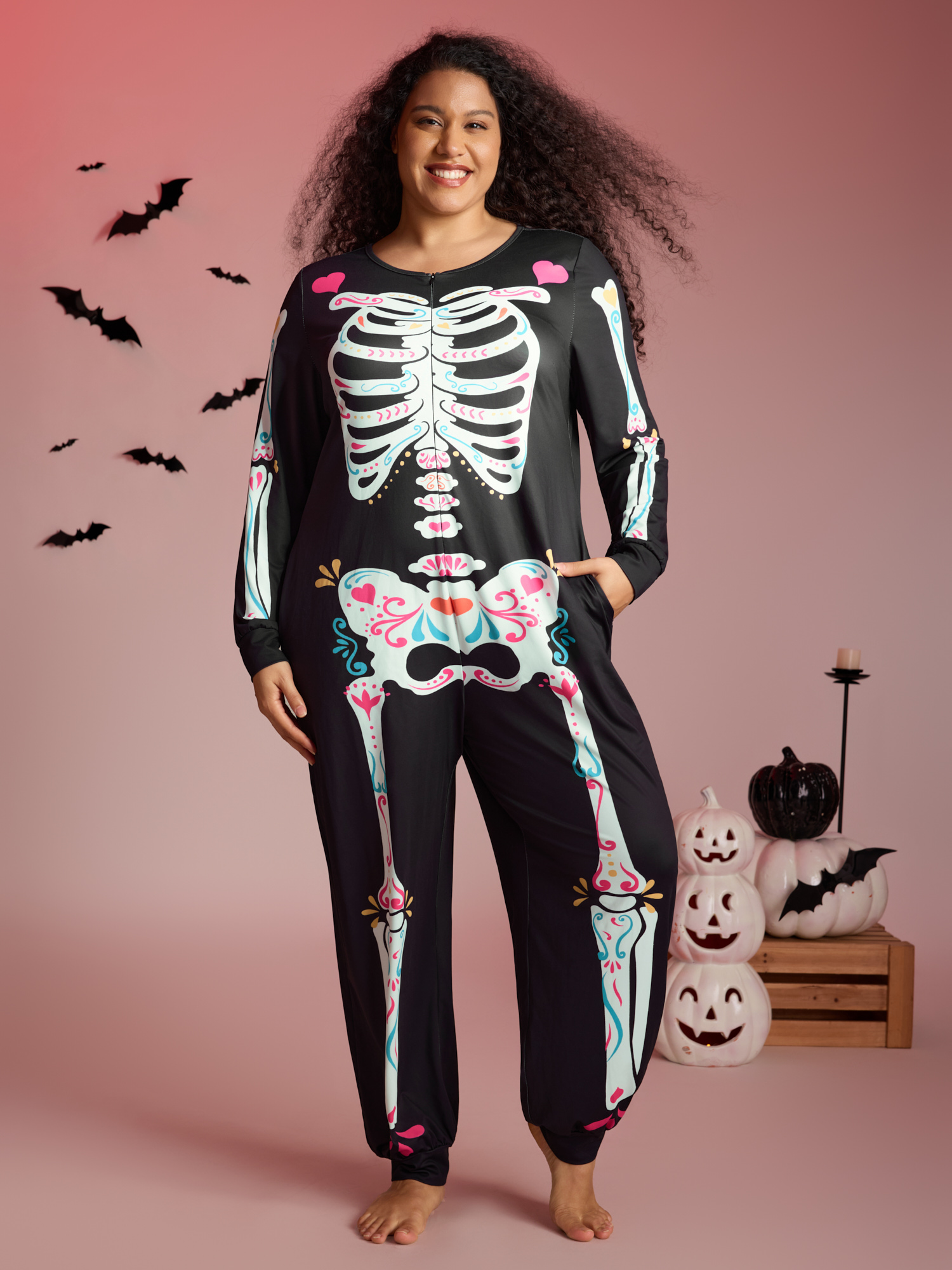 Bloomchic Skeletal Rib Print Hidden Zipper Lounge Jumpsuit In Black