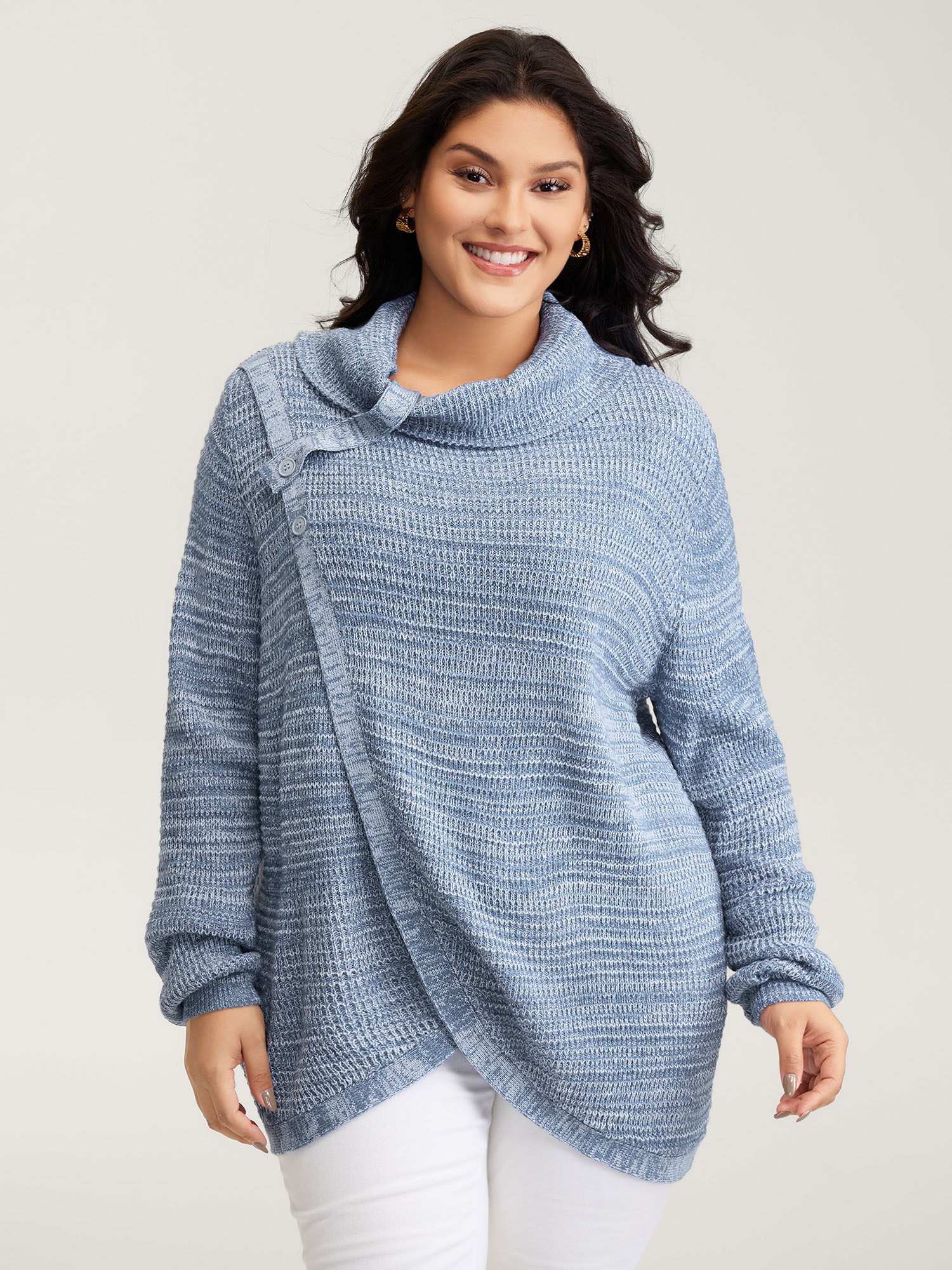 BloomChic Women's Plus Size Turtleneck Wrap Adjustable Button Pullover Aegean Long Sleeve 10/M