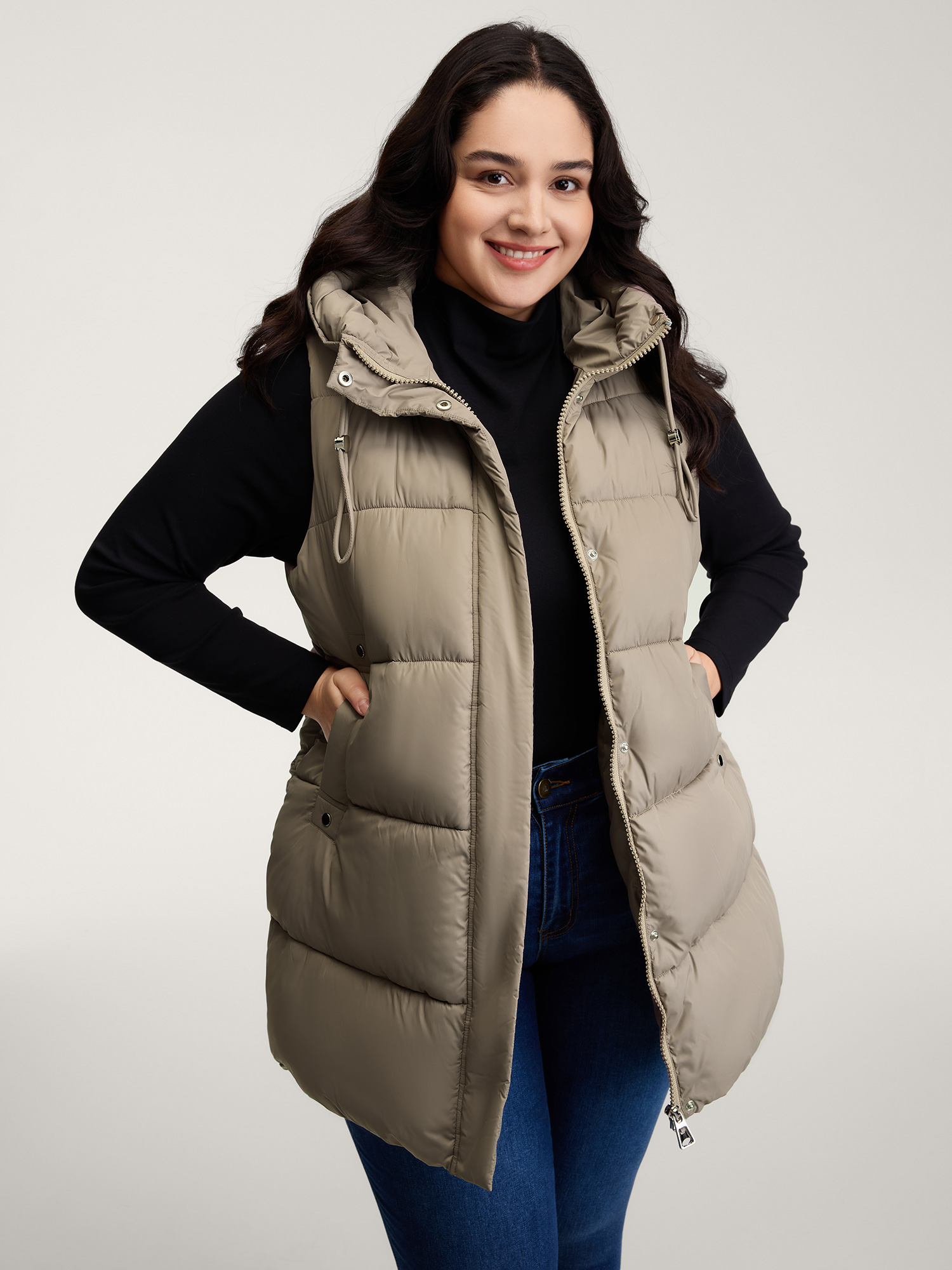 BloomChic Women's Plus Size Zipper High Neck Hooded Quilted Vest DarkBrown Ruched 22-24/3X-image-47559507280042