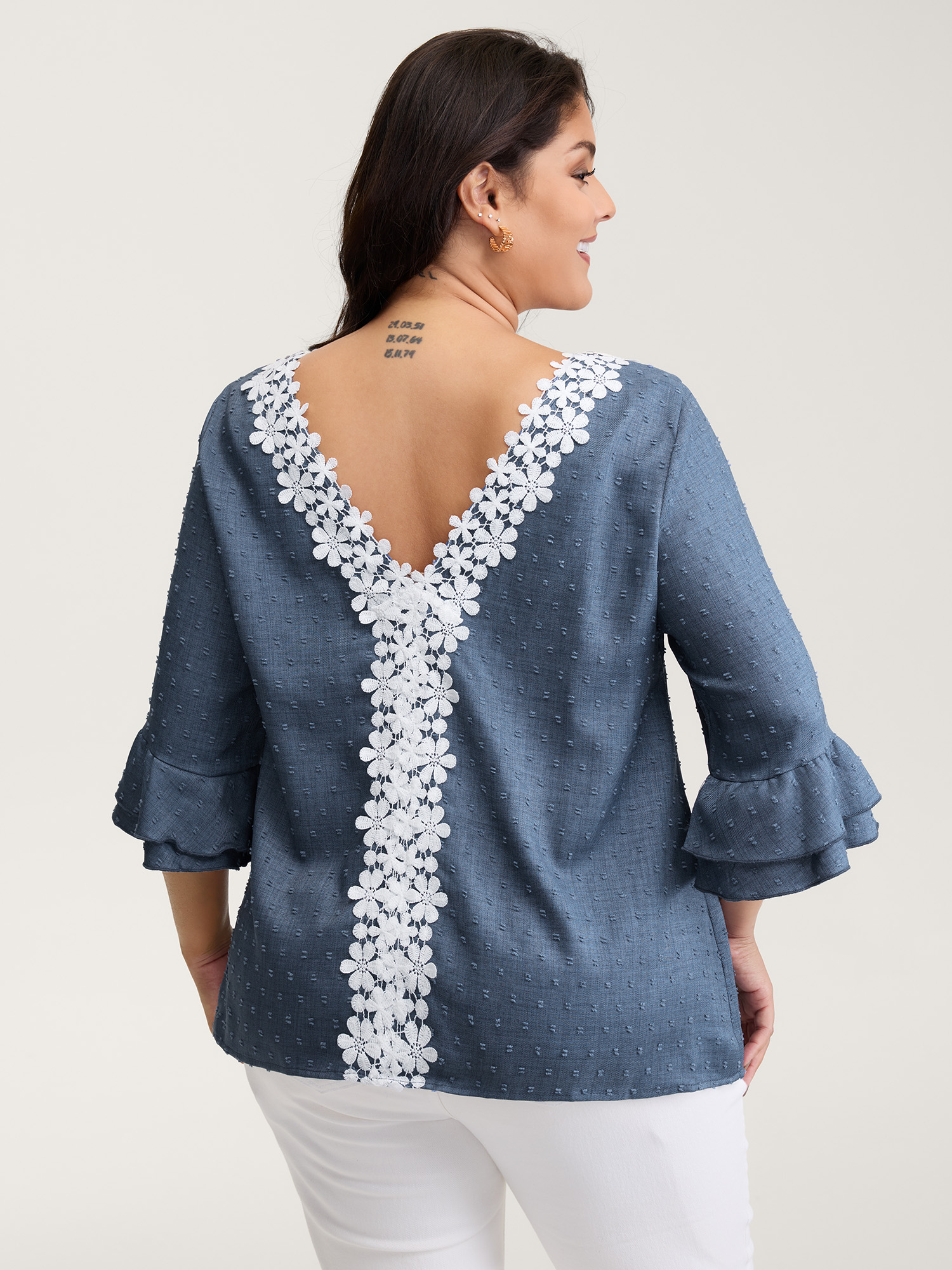 BloomChic Women's Plus Size Textured Backless Lace Trim Blouse Stone Non Everyday-Elegant 3/4 Sleeve 10/M