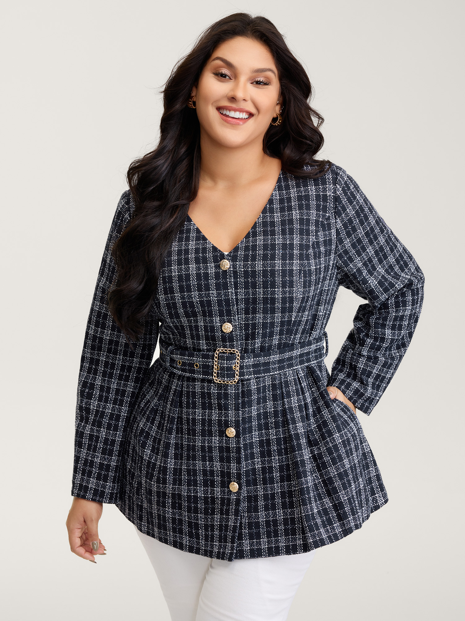 BloomChic Women's Plus Size Tweed Pockets Belted Button Jacket Midnight Texture X-line 28/5X