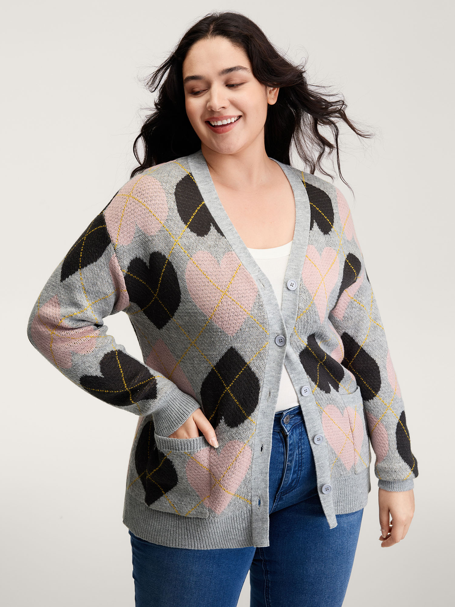 BloomChic Women's Plus Size Cozy Hearts Jacquard Pattern Pockets Knit Cardigan LightGray Long Sleeve 10/M