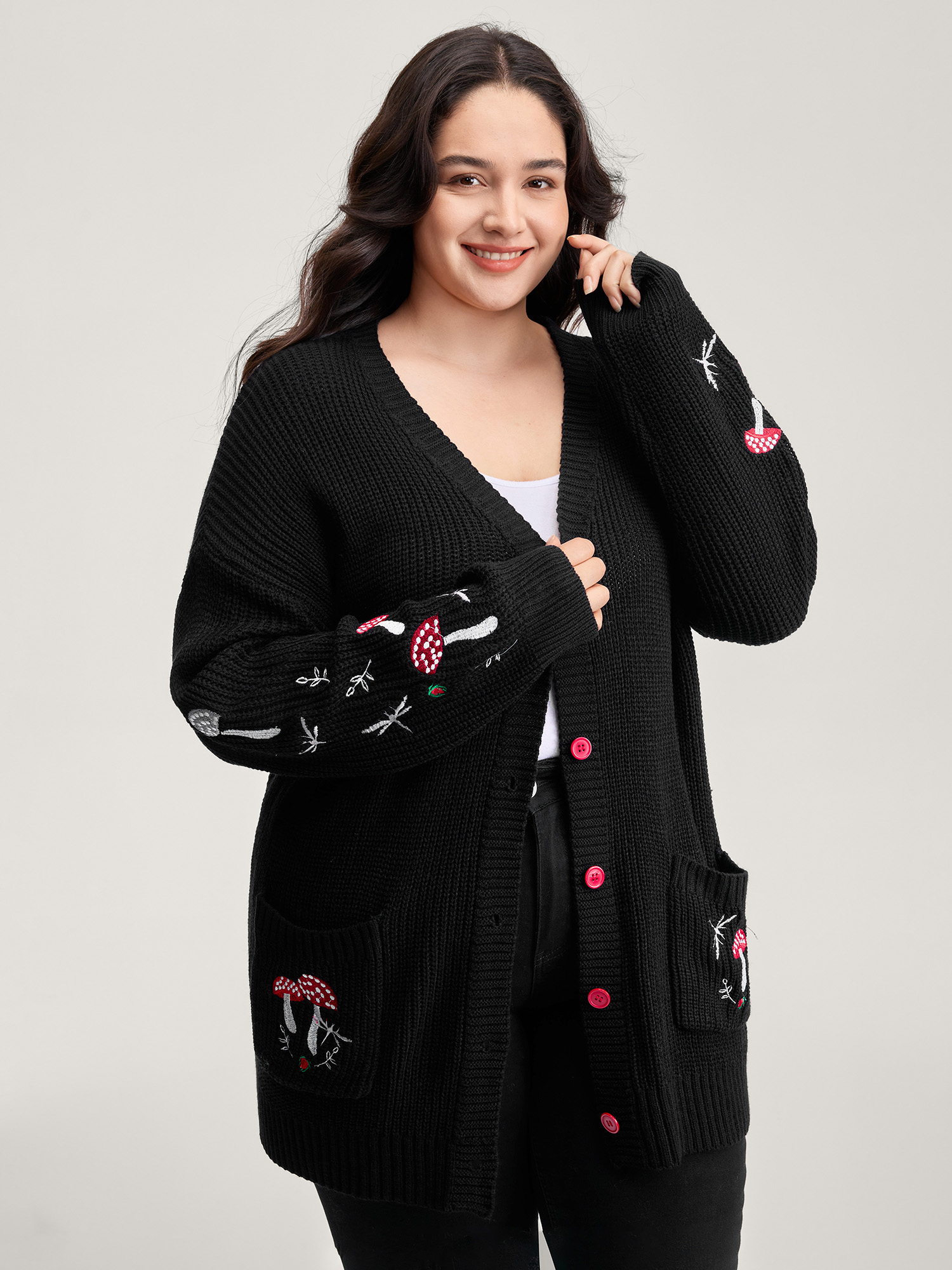 BloomChic Plus Size Mushroom Embroidery Textured Button Cardigan - Curve Women's Winter V-Neck Boxy Embroidered Black Button Closure Cardigans 14/M
