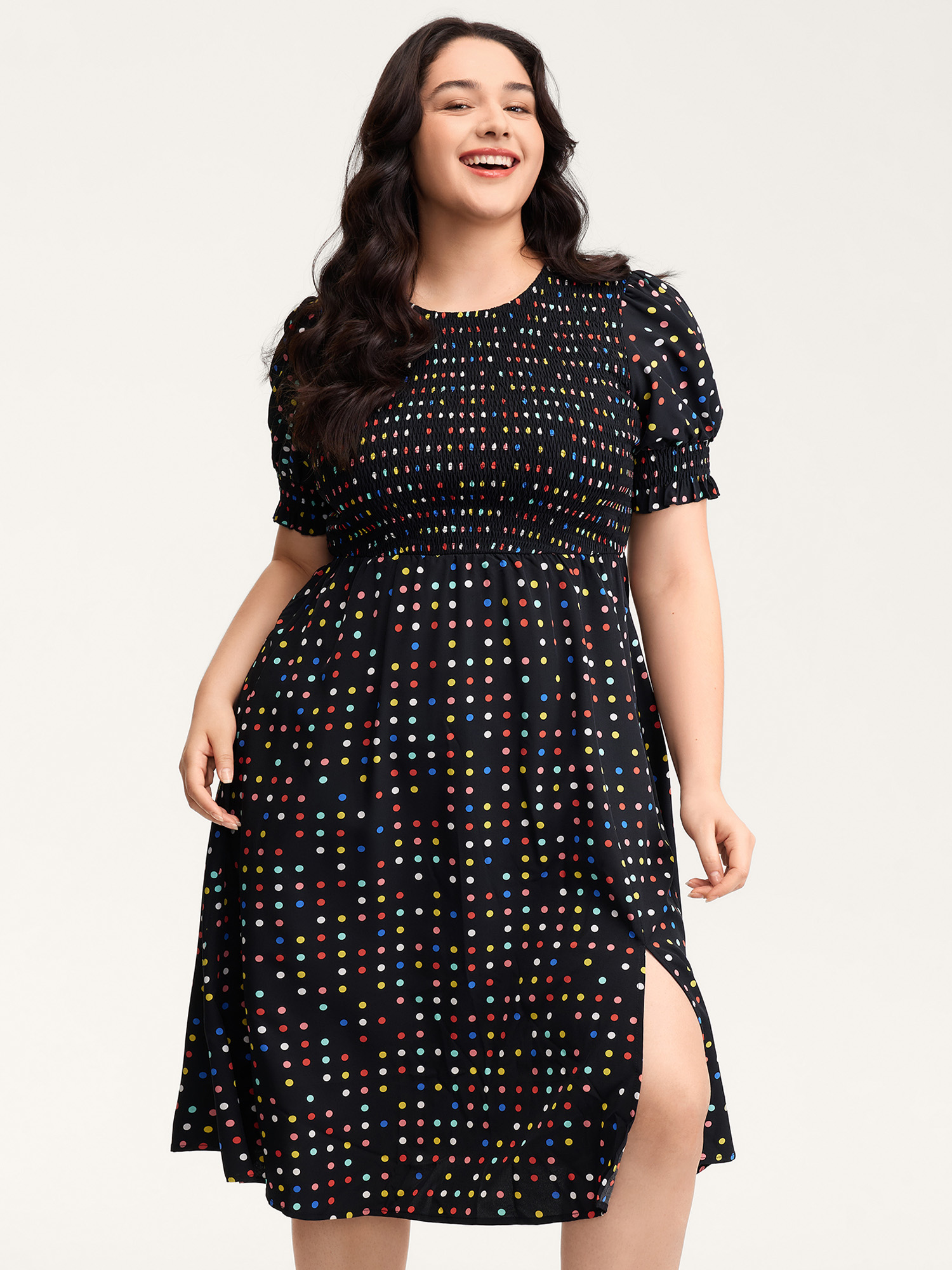 BloomChic Women's Plus Size Colorful Polka Dots Shirred Bodice Midi Dress Black Polka dots Midi Everyday-Casual Slit 30/6X