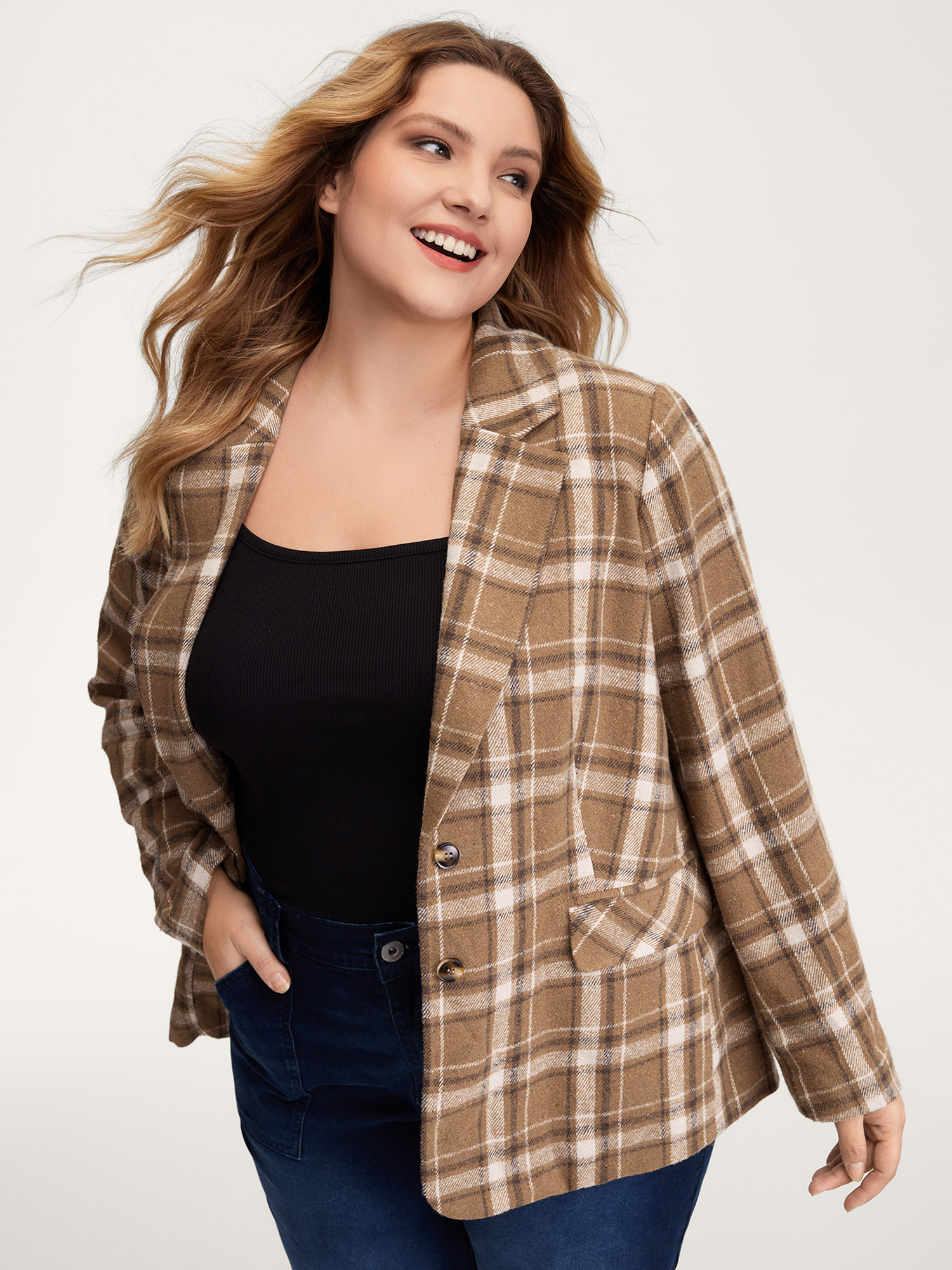 Side view of BloomChic Women's Plus Size Plaid Pattern Button-Front Blazer Browncoffeecolor Button Sleeve Long Sleeve 26/4X