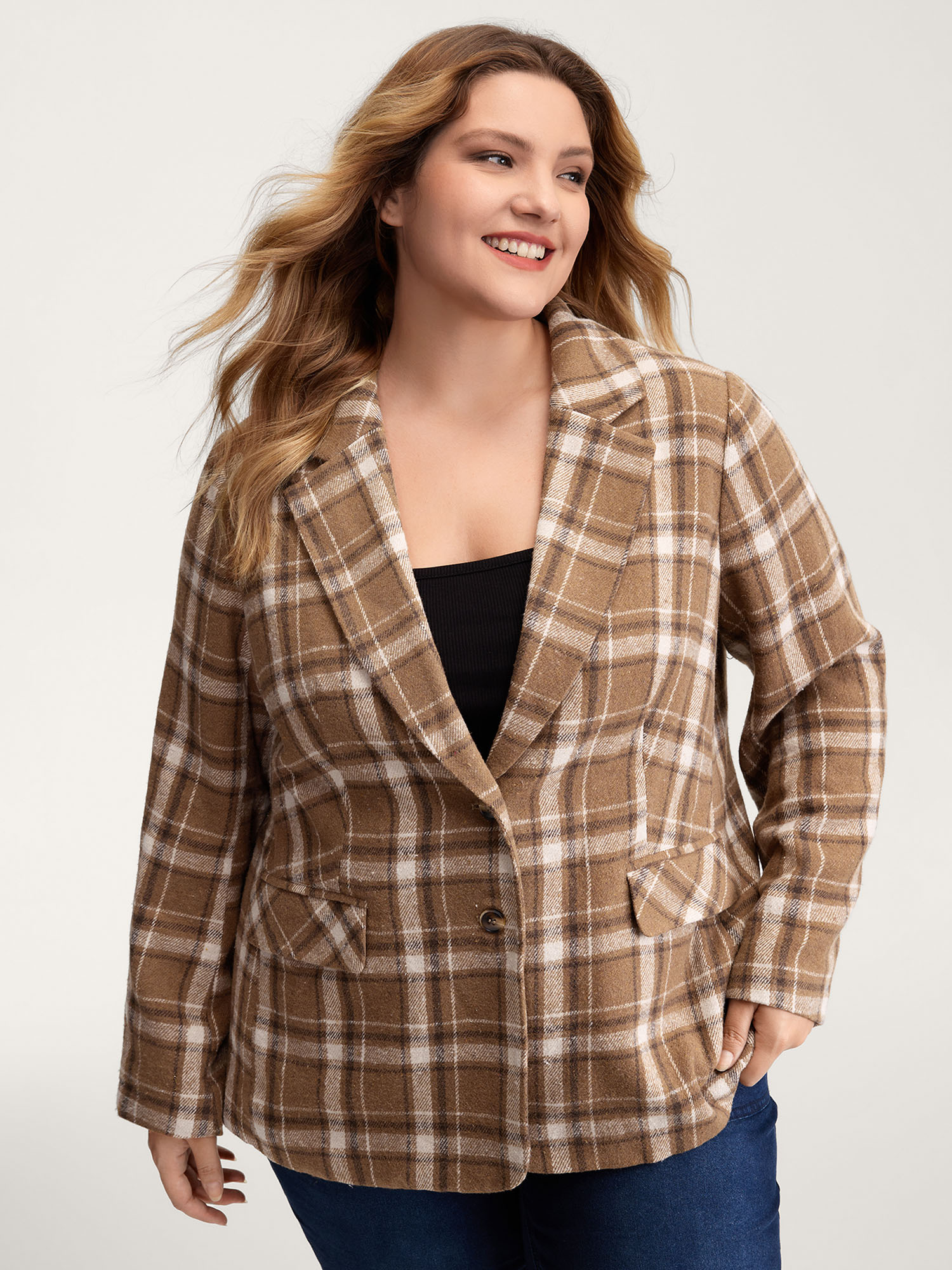 BloomChic Women's Plus Size Plaid Pattern Button-Front Blazer Browncoffeecolor Button Sleeve Long Sleeve 10/M-image-47380085407914