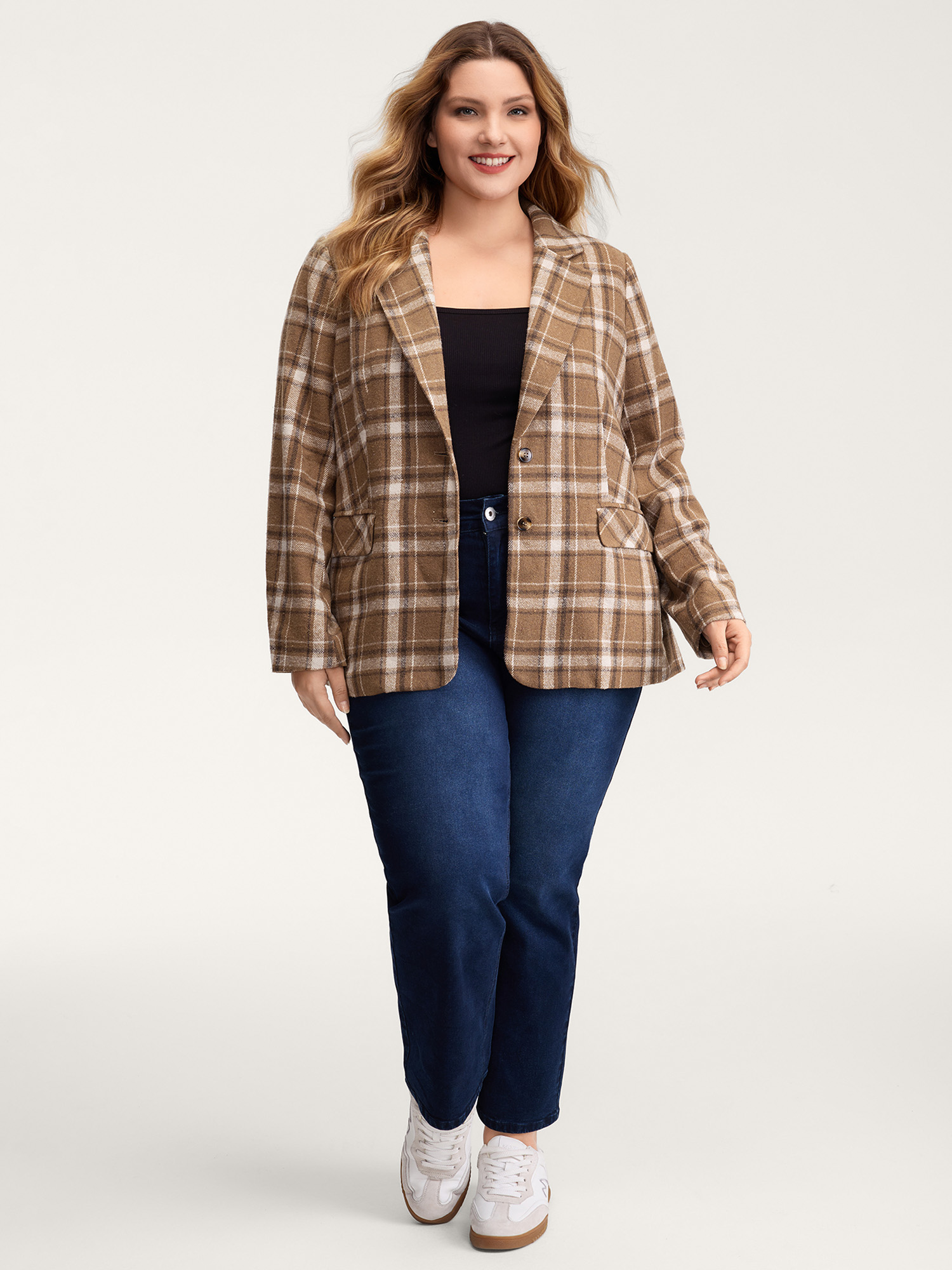 Side view of BloomChic Women's Plus Size Plaid Pattern Button-Front Blazer Browncoffeecolor Button Sleeve Long Sleeve 26/4X