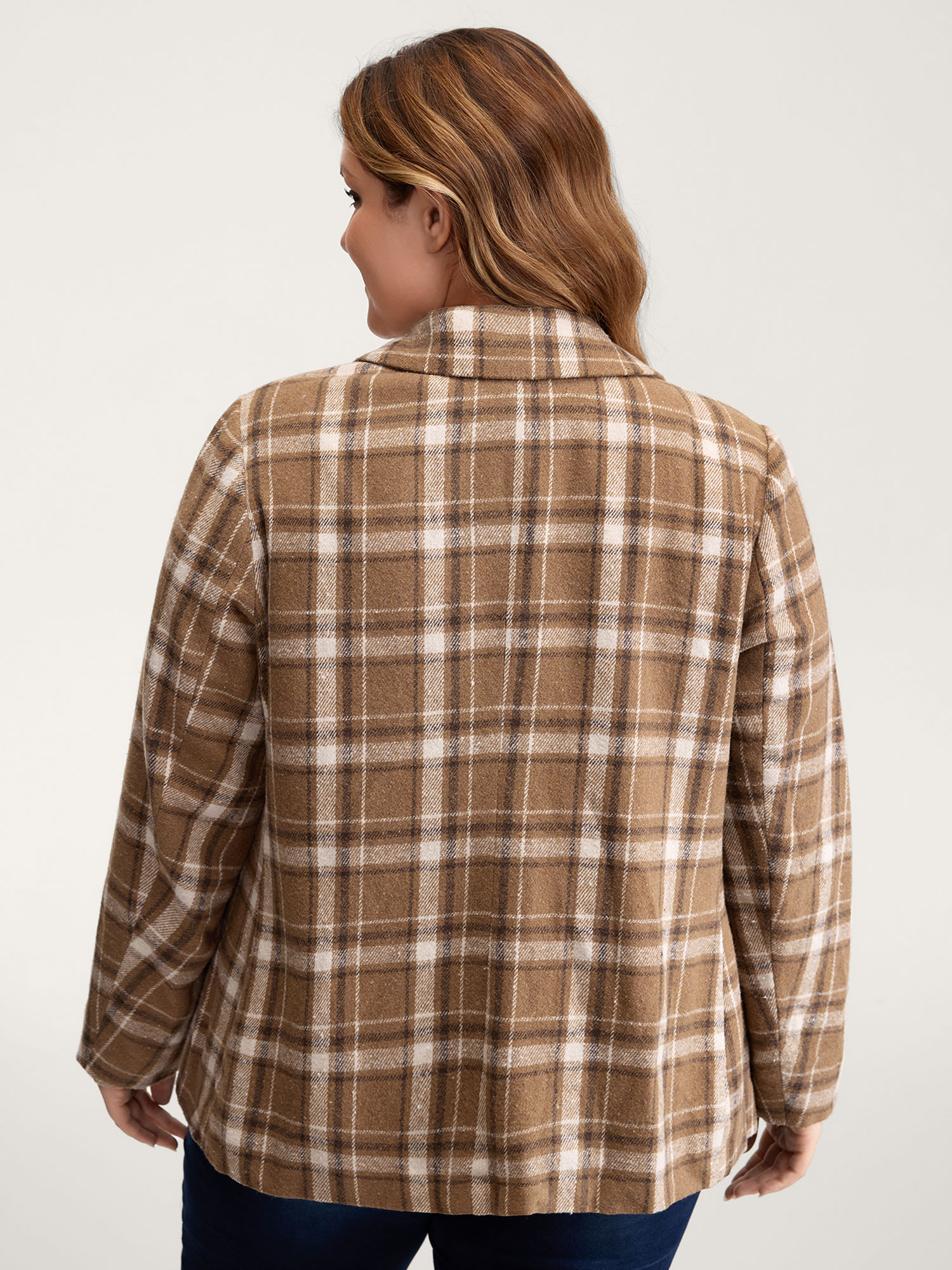 Side view of BloomChic Women's Plus Size Plaid Pattern Button-Front Blazer Browncoffeecolor Button Sleeve Long Sleeve 26/4X