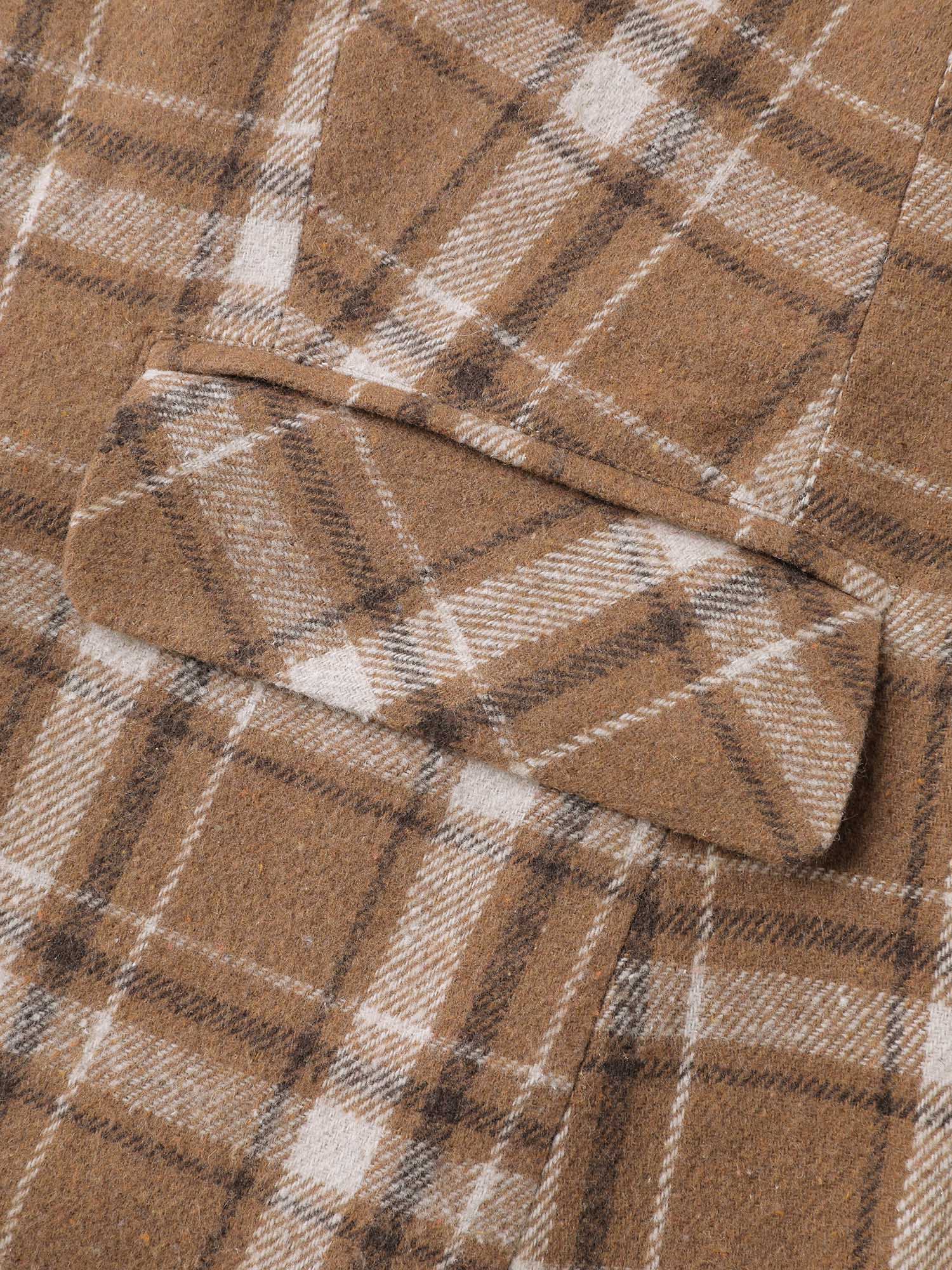 Side view of BloomChic Women's Plus Size Plaid Pattern Button-Front Blazer Browncoffeecolor Button Sleeve Long Sleeve 26/4X