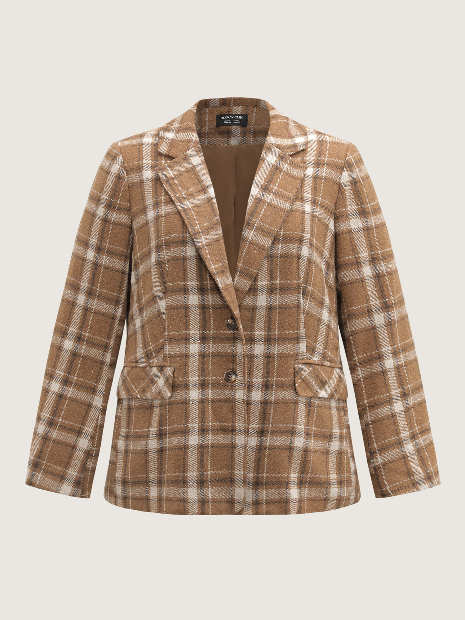 Side view of BloomChic Women's Plus Size Plaid Pattern Button-Front Blazer Browncoffeecolor Button Sleeve Long Sleeve 26/4X