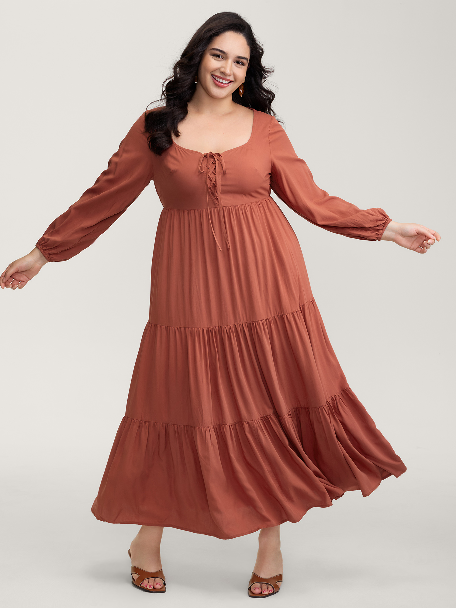 BloomChic Women's Plus Size Bust-Ease Adjustable Tiered Maxi Dress Maroon Non Maxi Everyday-Elegant 10/M