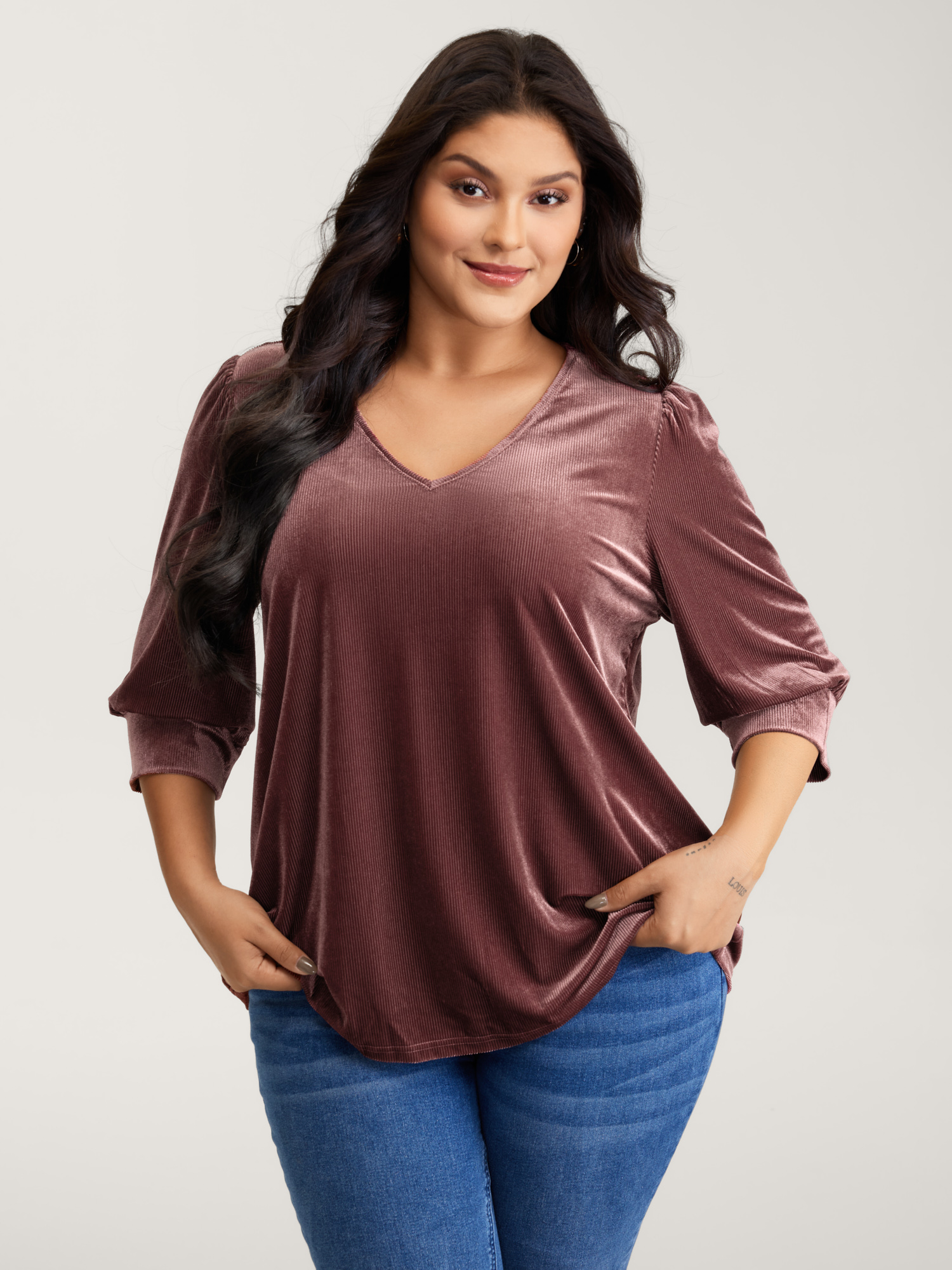 BloomChic Women's Plus Size Velvet Textured Drape V-Neck Top DustyPink 3/4 Sleeve Everyday-Elegant V-Neck 22-24/3X