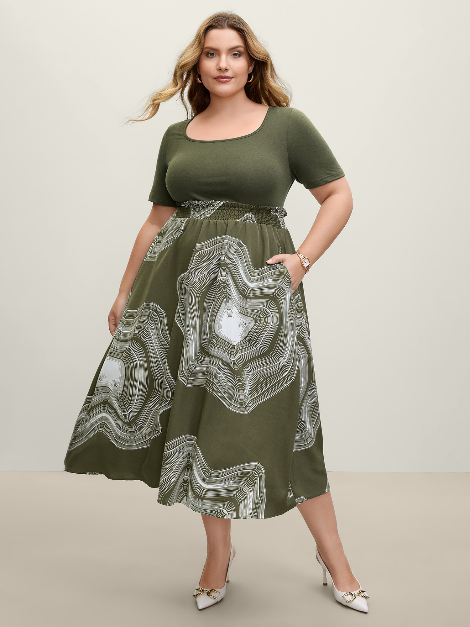 BloomChic Women's Plus Size Abstract Print Contrast Shirred Waist Midi Dress ArmyGreen Geometric Midi Office Colorblock 12/L
