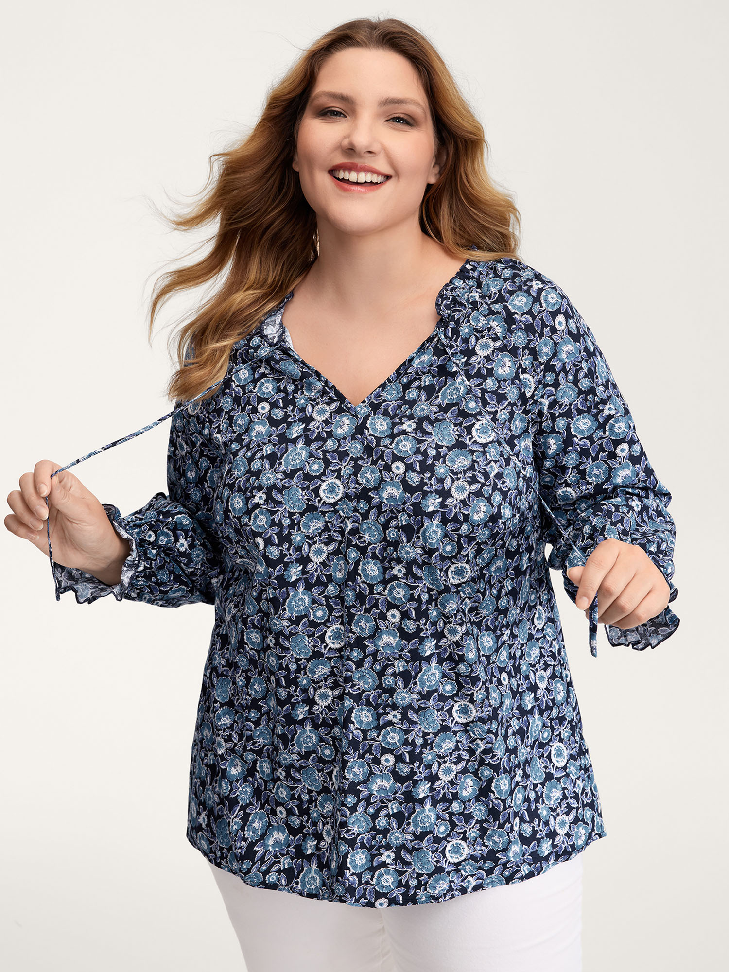 BloomChic Women's Plus Size Cotton Floral Print Toothpick Pleats Blouse Midnight Floral Vacation Extra Long Sleeve 10/M