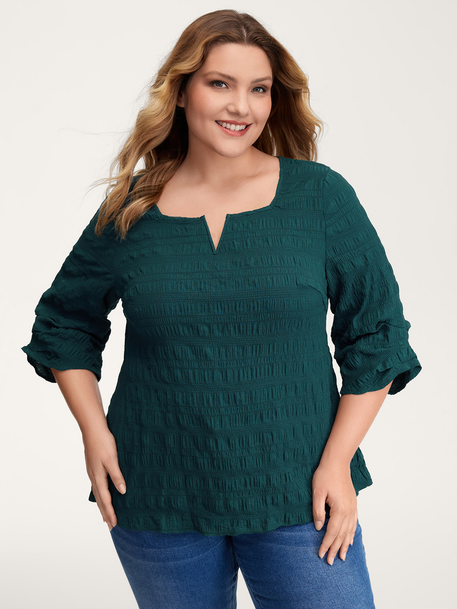 BloomChic Women's Plus Size Textured Gathered Sleeve Solid Blouse Cyan Everyday-Elegant 3/4 Sleeve 10/M