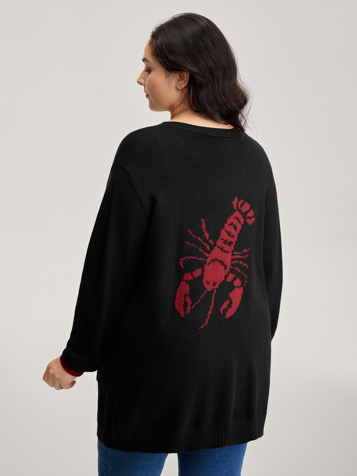 BloomChic Women's Plus Size Lobster Jacquard Pockets Color Block Knit Cardigan Black Long Sleeve 22-24/3X