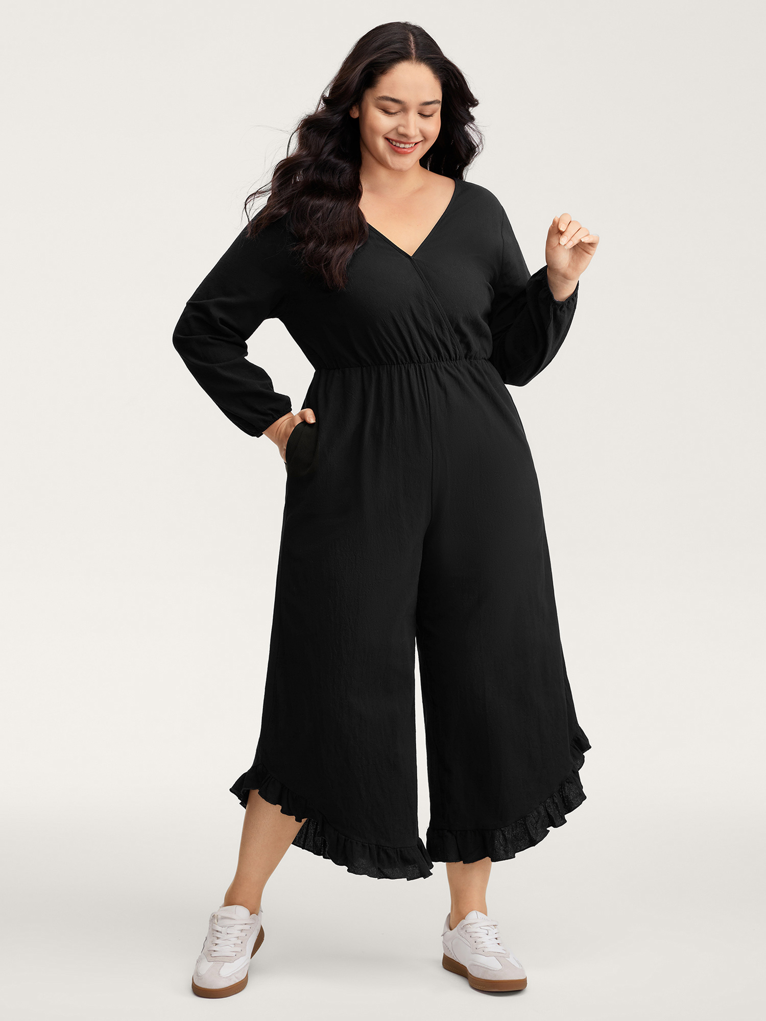 BloomChic Women's Plus Size Pure Cotton Ruffled Hem Pockets Jumpsuit Black Casual 30/6X