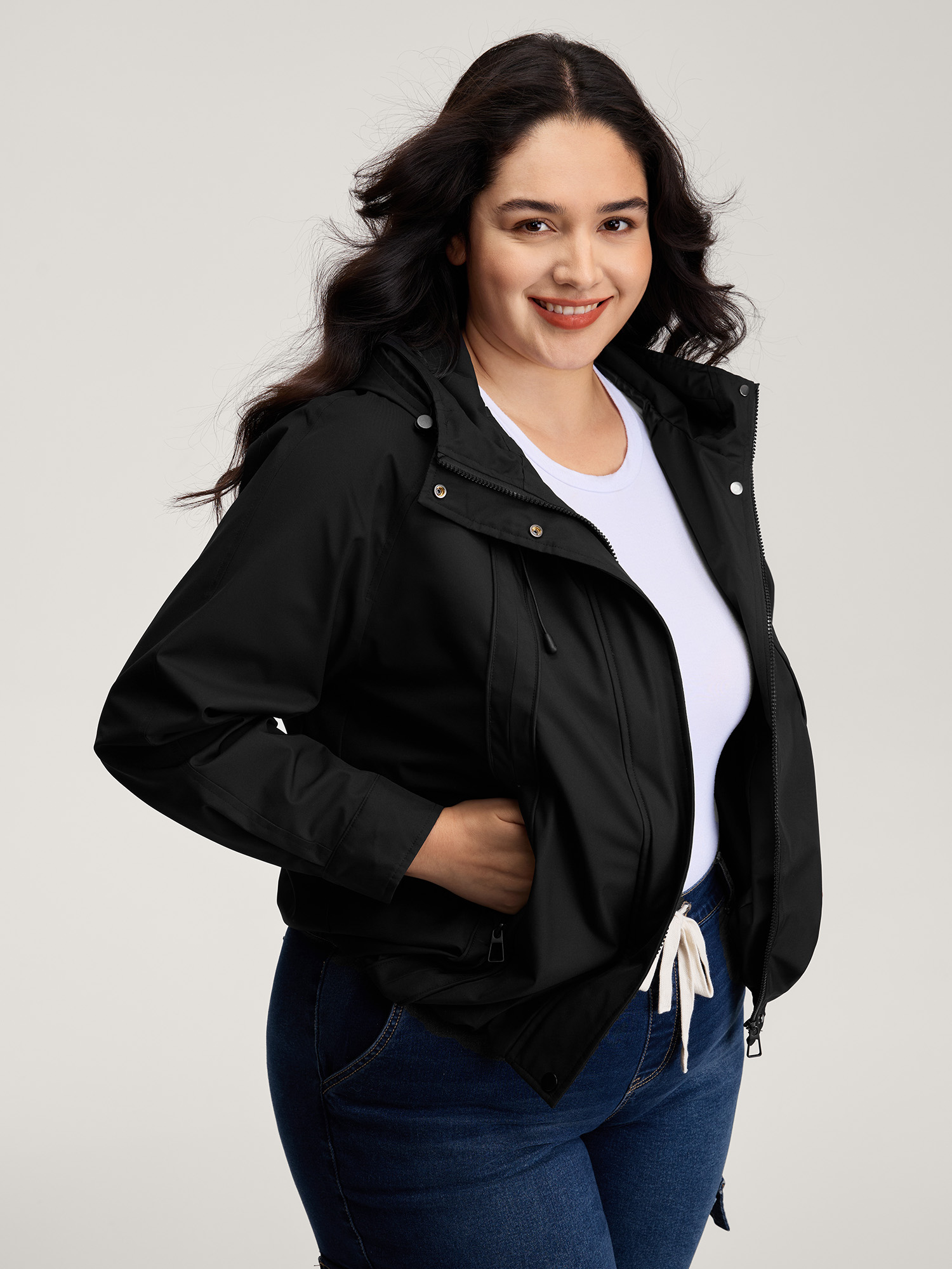 BloomChic Women's Plus Size Pockets Zipper-Front Hooded Bomber Jacket Black Drawstring O-line 12/L