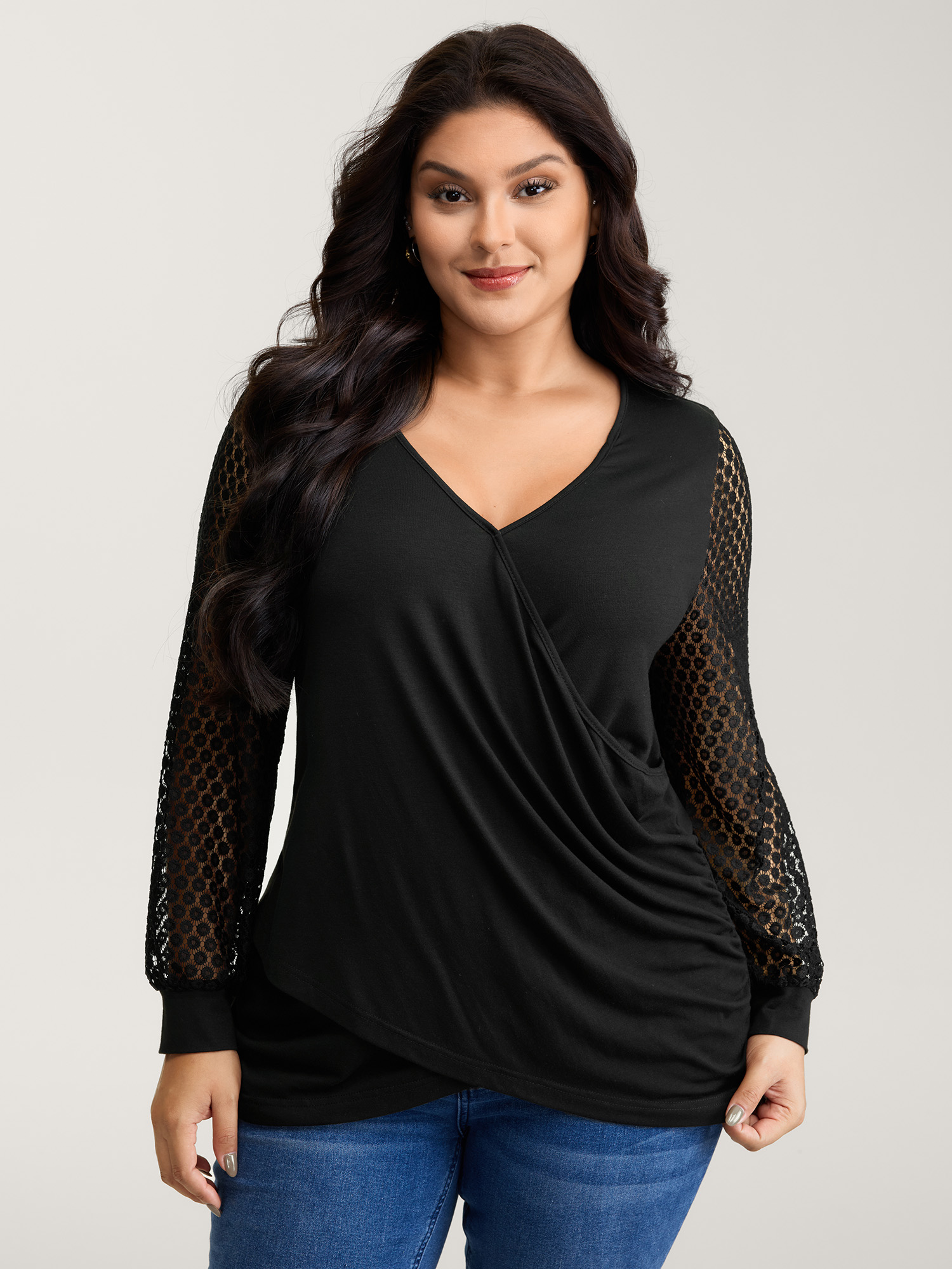 BloomChic Plus Size Crossover Draped Lace Sheer Sleeve Knit Top - Women's Black Tie-dye V-Neck Comfort Midsection Fit Cap Sleeve Americana Daily Knit Tops 14/M