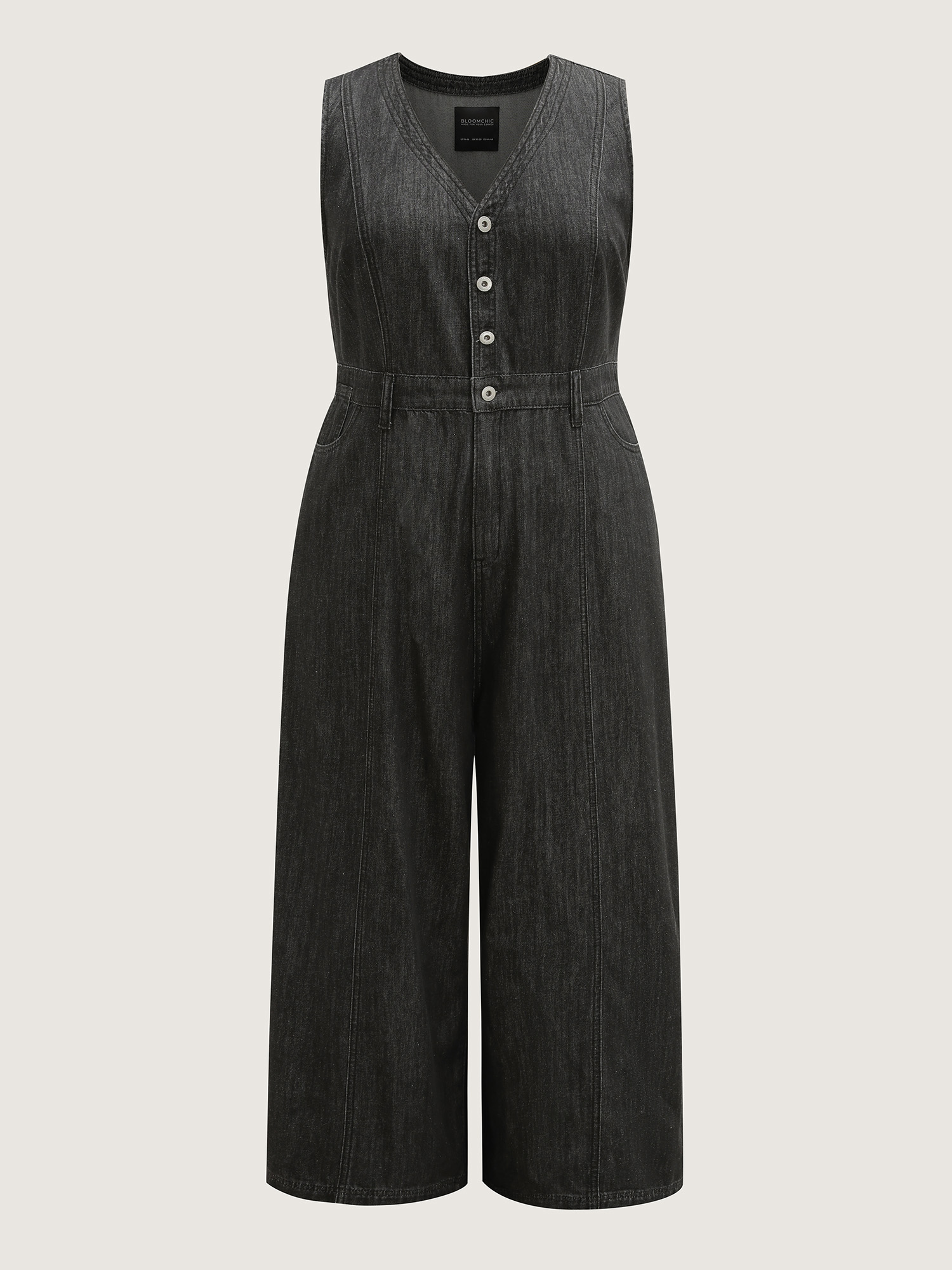Side view of BloomChic Women's Plus Size Button Placket Pockets Denim Jumpsuit Acidwashblack Casual Button No stretch 26/4X