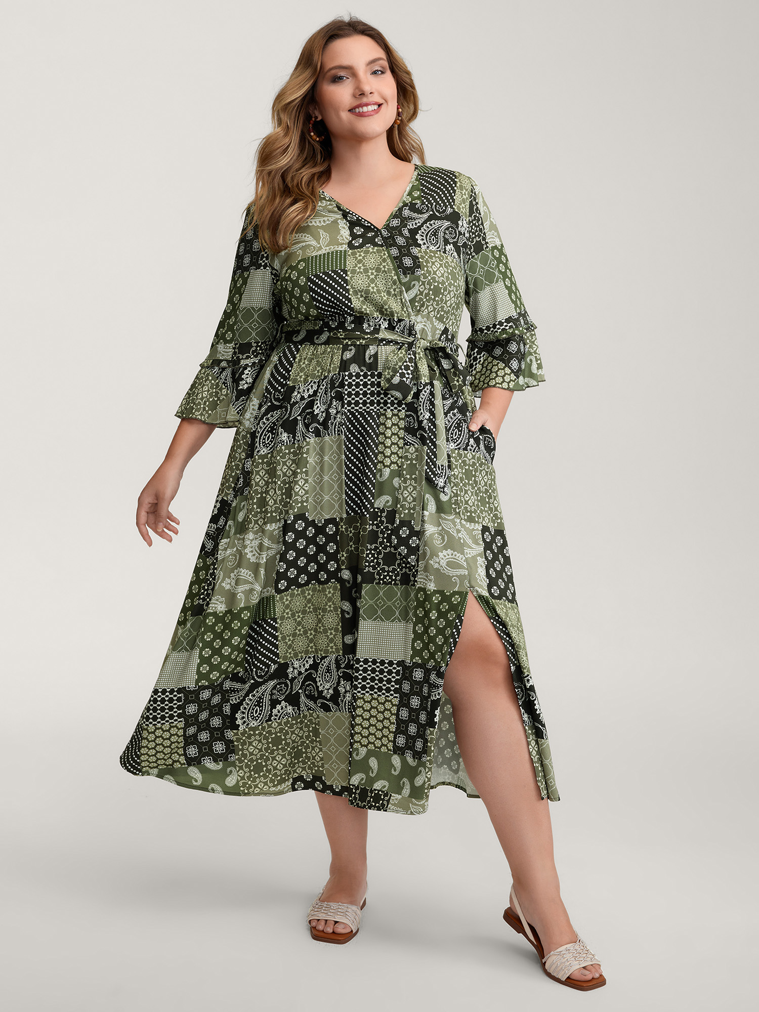 BloomChic Women's Plus Size Boho Print Wrap Neckline Belted Maxi Dress ArmyGreen Geometric Midi Vacation 10/M