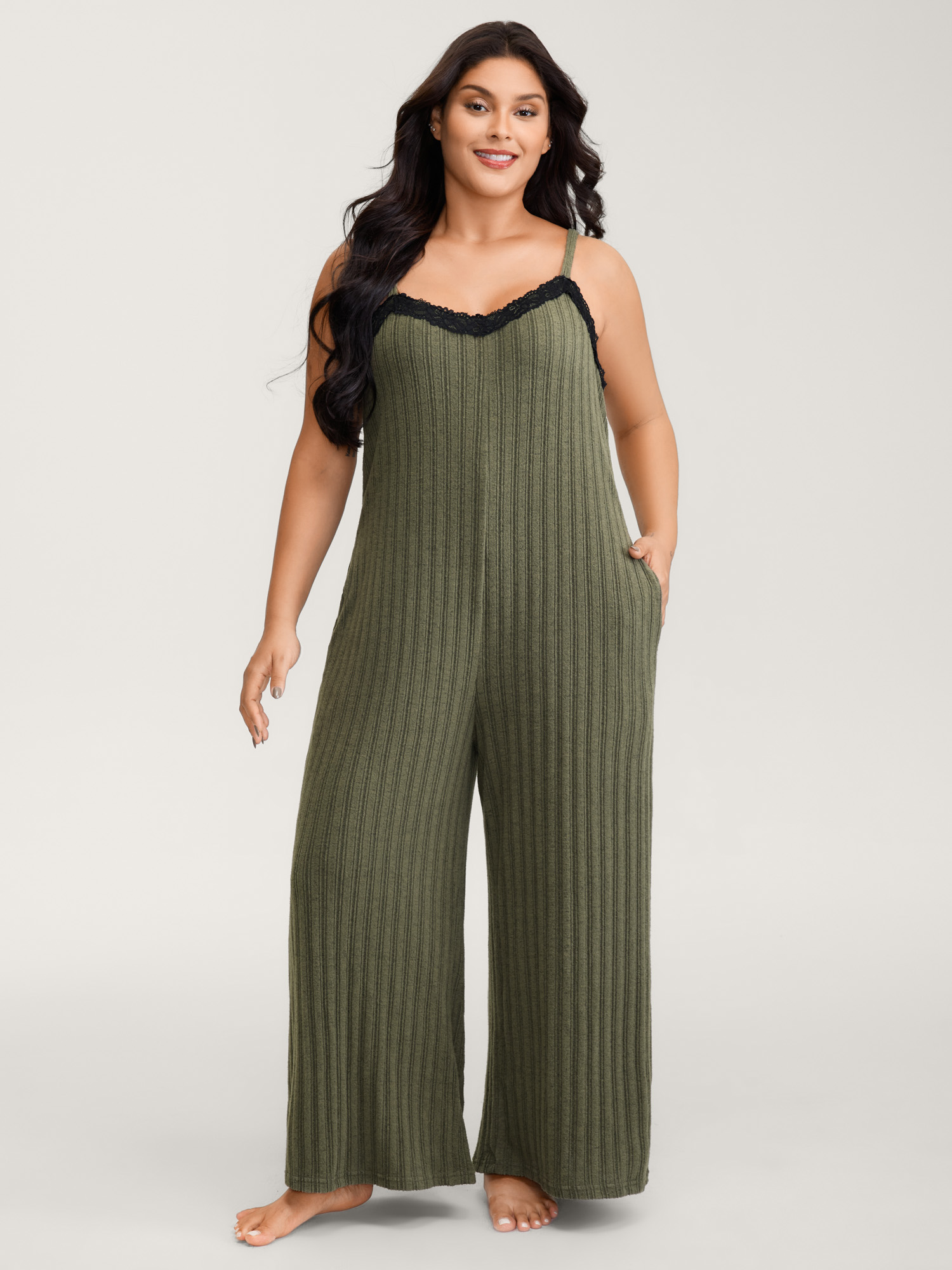 BloomChic Women's Plus Size Ribbed Texture Lace Adjustable Lounge Jumpsuit ArmyGreen Maxi 14-16/1X