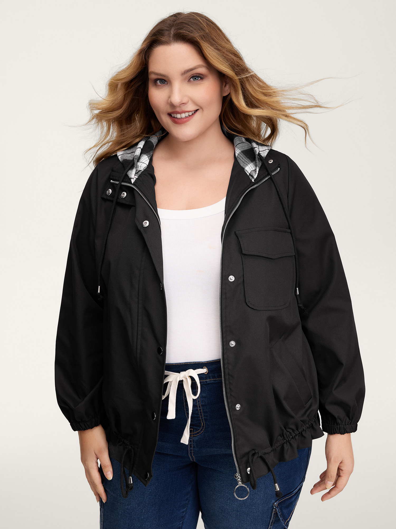 BloomChic Women's Plus Size 2-in-1 Plaid Hooded Adjustable Drawstring Jacket Black Colorblock O-line 10/M