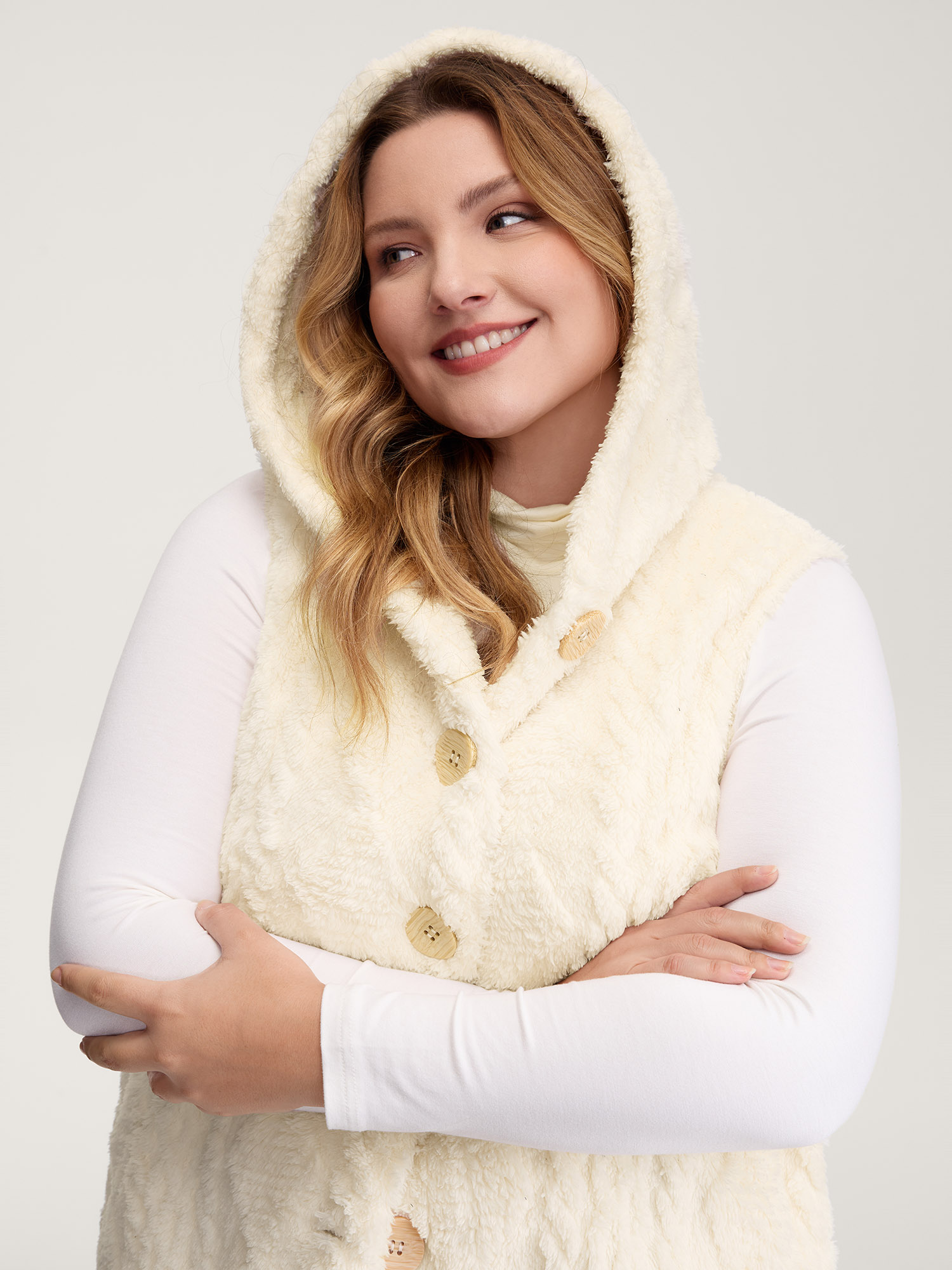 BloomChic Women's Plus Size Textured Button-Down Hooded Vest Beige Texture 30/6X-image-47393028604074