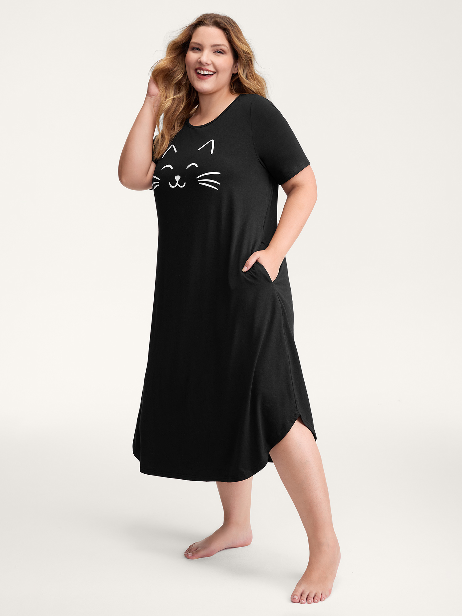 BloomChic Women's Plus Size Happy Cat Print Stretchy Contrast Nightgown Black Short sleeve Round Neck 22-24/3X-image-47393027129514