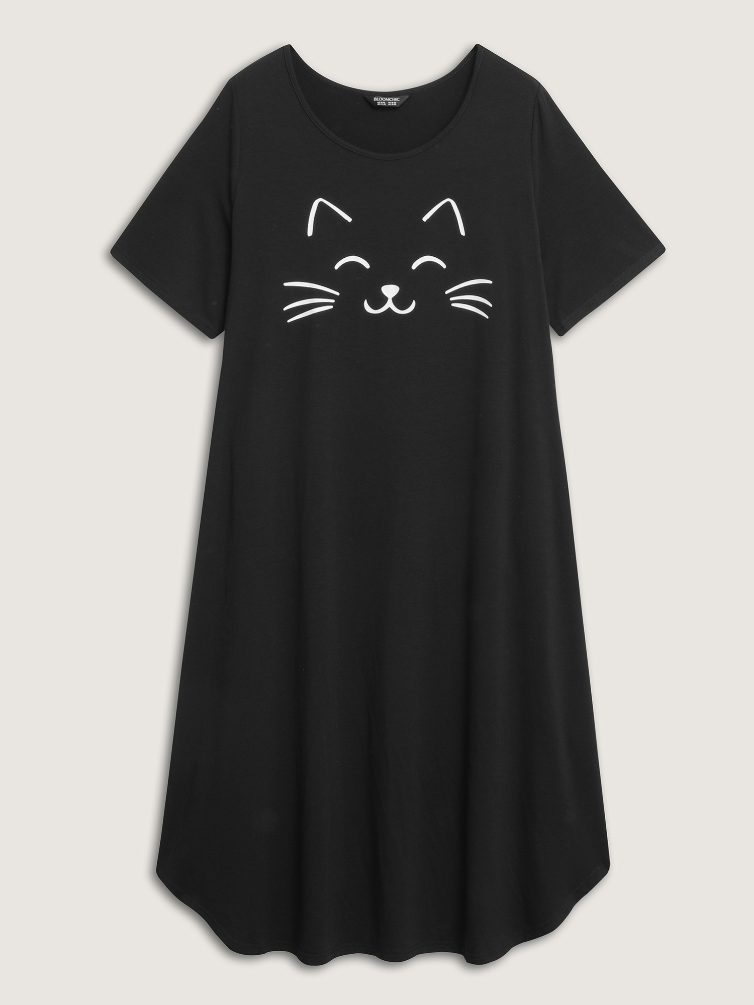 Side view of BloomChic Women's Plus Size Happy Cat Print Stretchy Contrast Nightgown Black Short sleeve Round Neck 30/6X