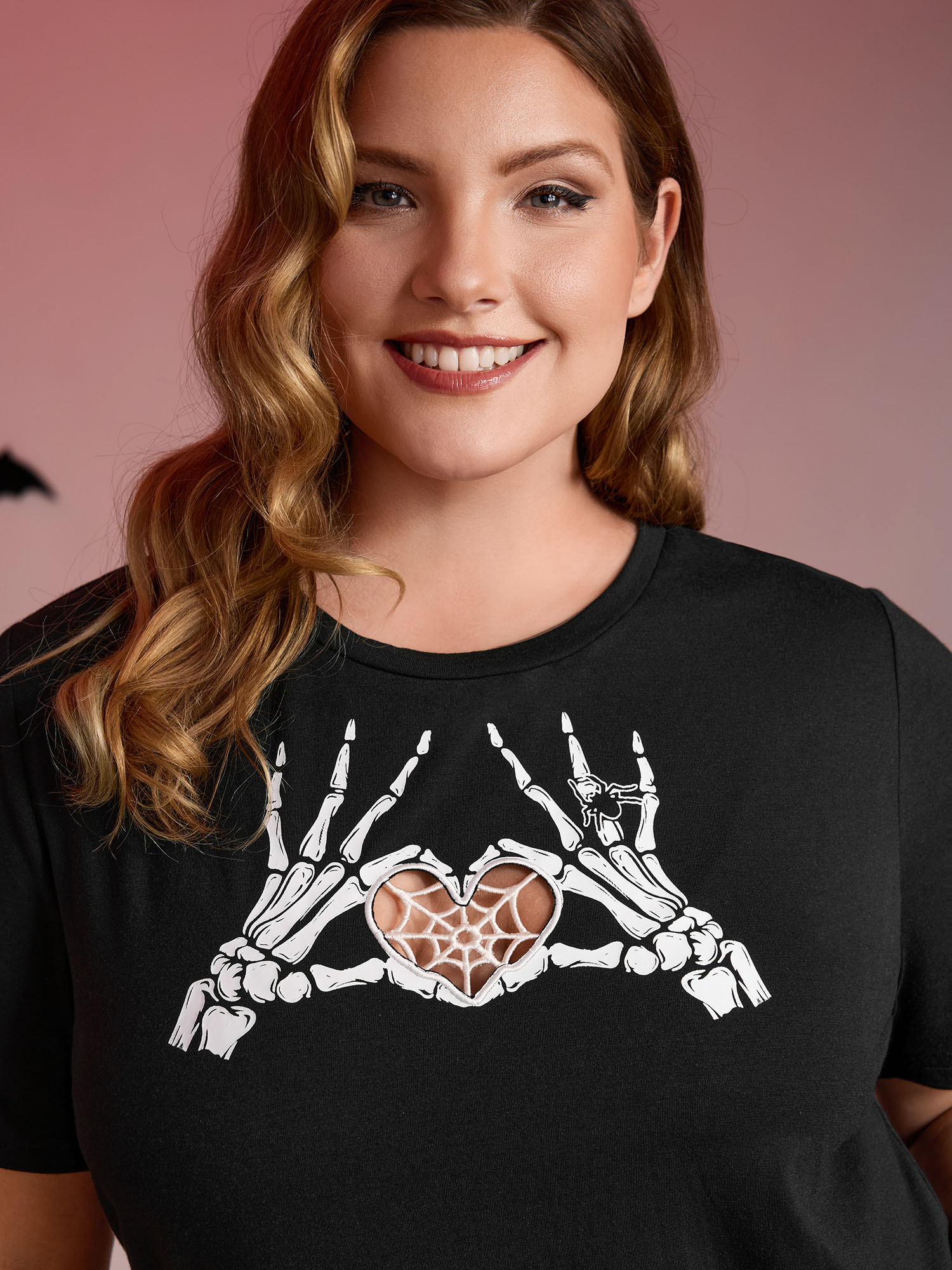 BloomChic Plus Size Skeleton Heart Embroidered Cut-Out T-Shirt - Women's Black Solid Round Neck Comfort Midsection Fit Long Sleeve Playful T-shirts 14/M