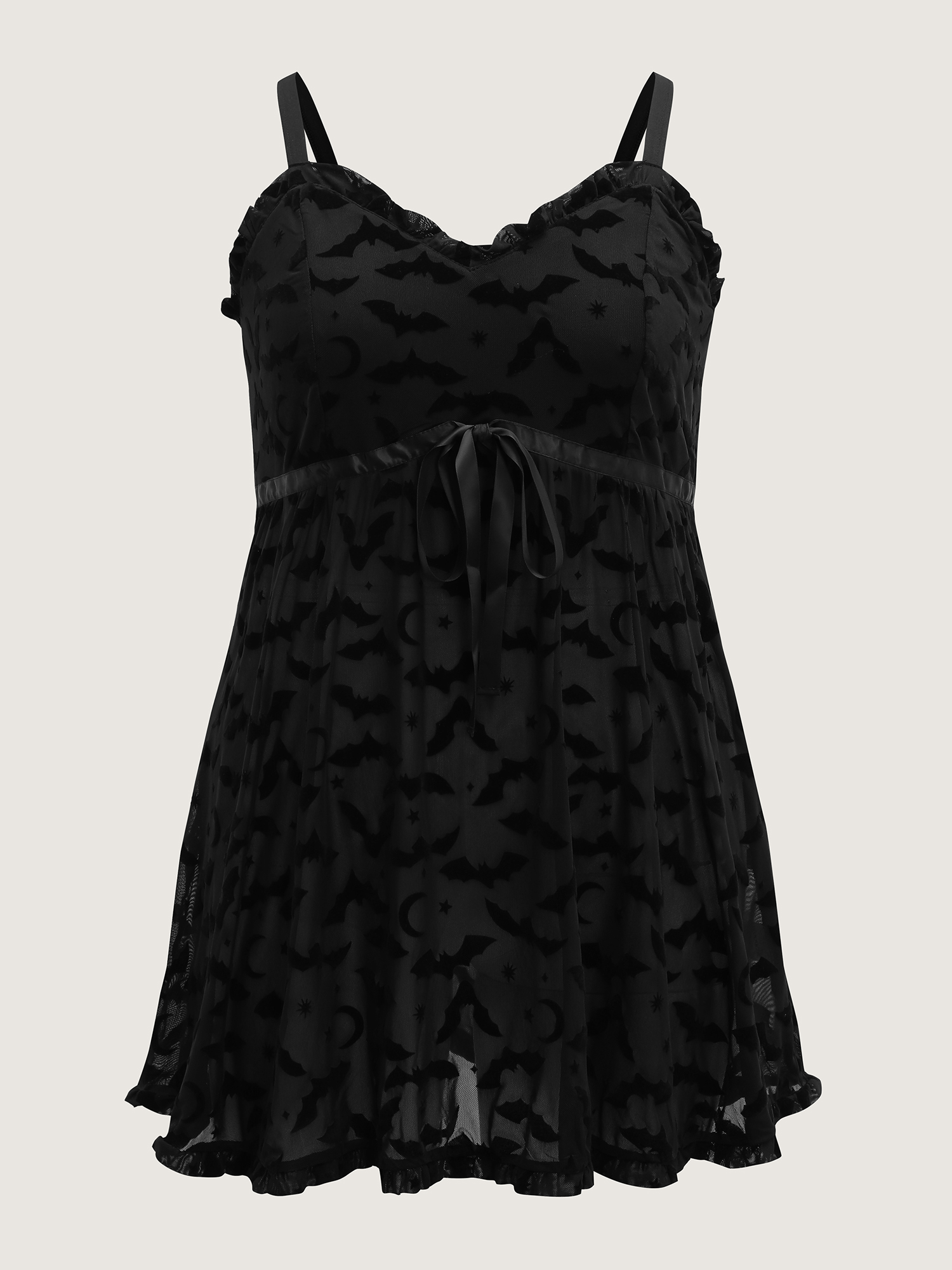 Side view of BloomChic Women's Plus Size Bat Flocked Sheer Ruffled Nightgown Black Sleeveless Tunic 30/6X
