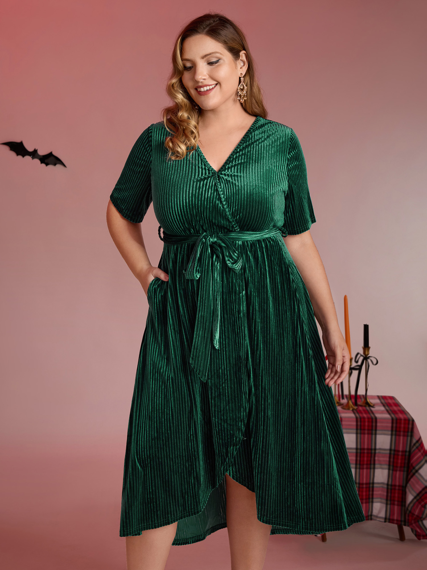 BloomChic Women's Plus Size Glossy Textured Velvet Wrap Tied Midi Dress DarkGreen Synthetic texture Midi Occasion Overlapping 10/M