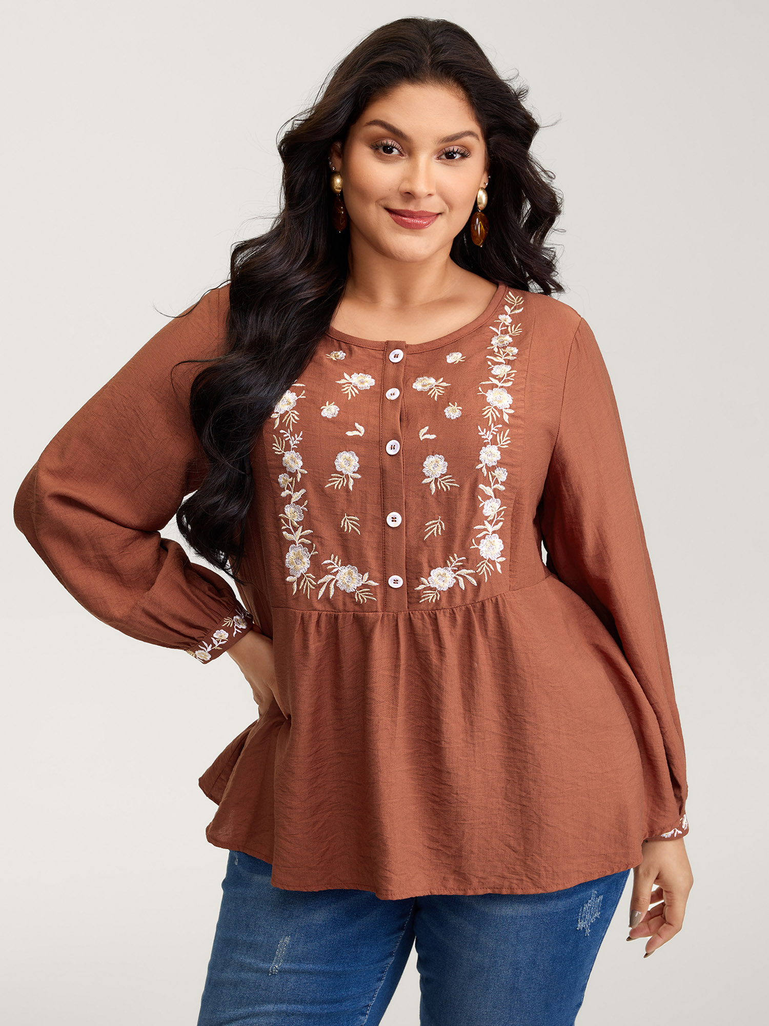 BloomChic Women's Plus Size Supersoft Floral Embroidery Button Blouse Rust Vacation Extra Long Sleeve 22-24/3X