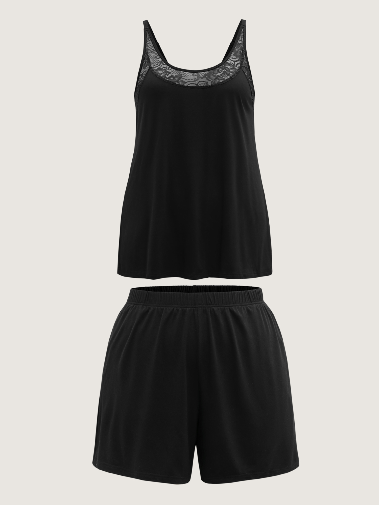 Side view of BloomChic Women's Plus Size Lace Scoop Neckline Pockets Two-Piece Pajama Set Black 18-20/2X