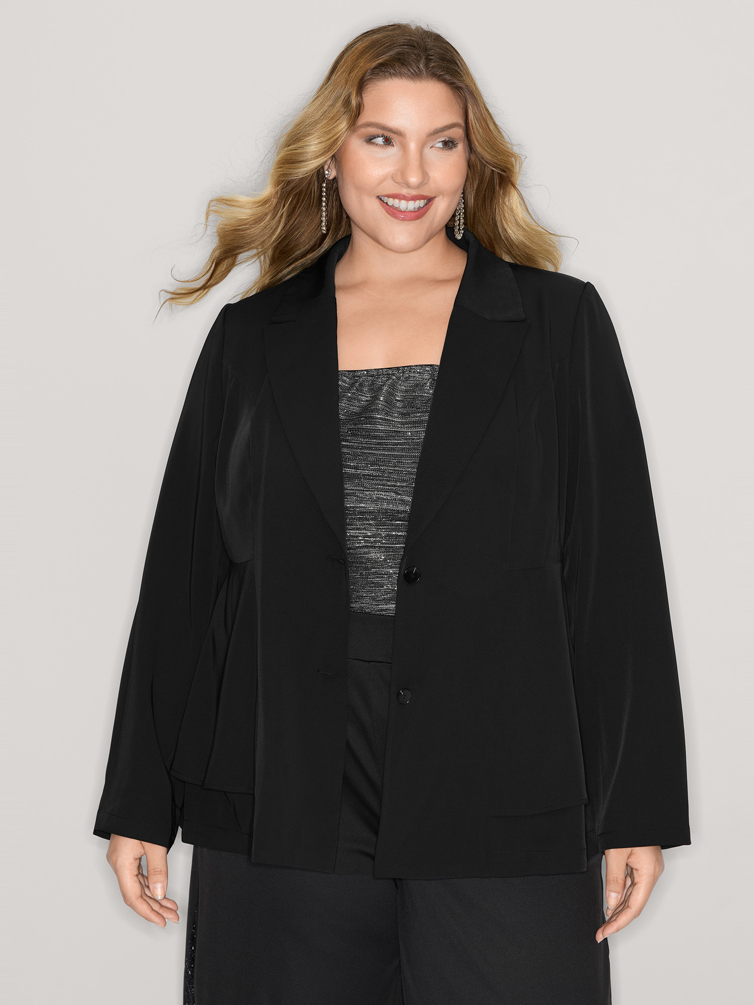 BloomChic Women's Plus Size Ruffled Hem Double Button Blazer Black Button Sleeve Extra Long Sleeve 22-24/3X-image-47393026539690